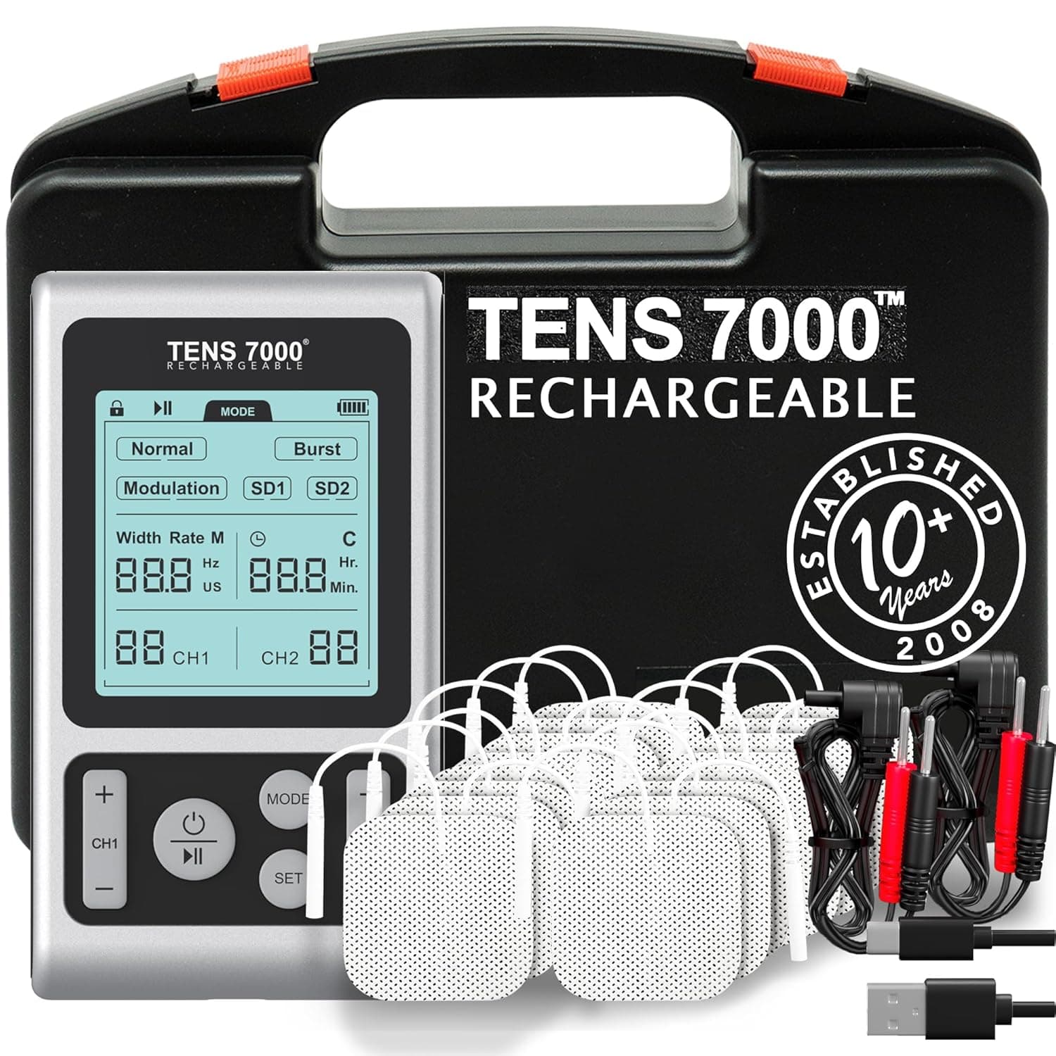 TENS 7000 Rechargeable TENS Unit Muscle Stimulator, Includes 16 TENS Unit Pads, Pain Relief Device, Clinical Strength TENS Machine for Effective Back Pain Relief, Nerve Pain Relief, Muscle Pain Relief 16 Electrodes
