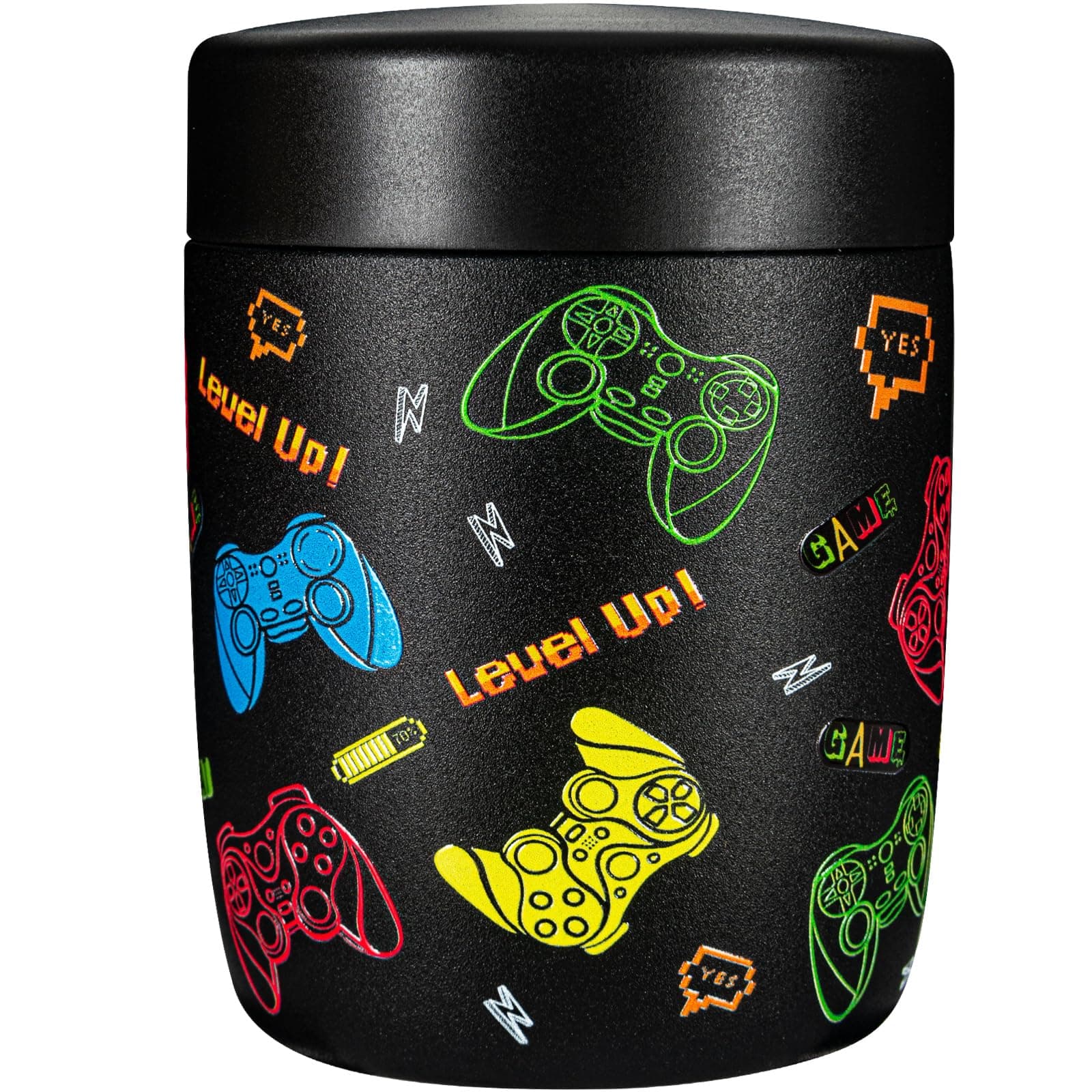 Charcy 9oz Stainless Steel Vacuum Insulated Kids Food Jar - Soup Thermo for Hot & Cold Food - Grey Video Game Black Game