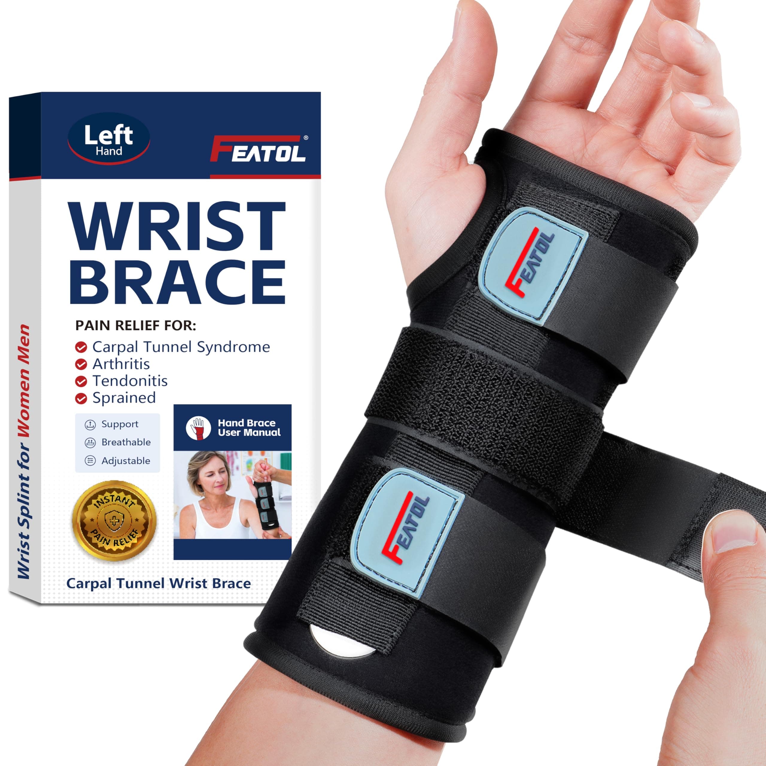 FEATOL Wrist Brace Hand Brace, Carpal Tunnel Wrist Splint Night Support for Women Men, Pain Relief Support -Tendonitis, Arthritis, Sprain, Left Hand, Medium/Large Medium/Large (Pack of 1) Left Hand -Black