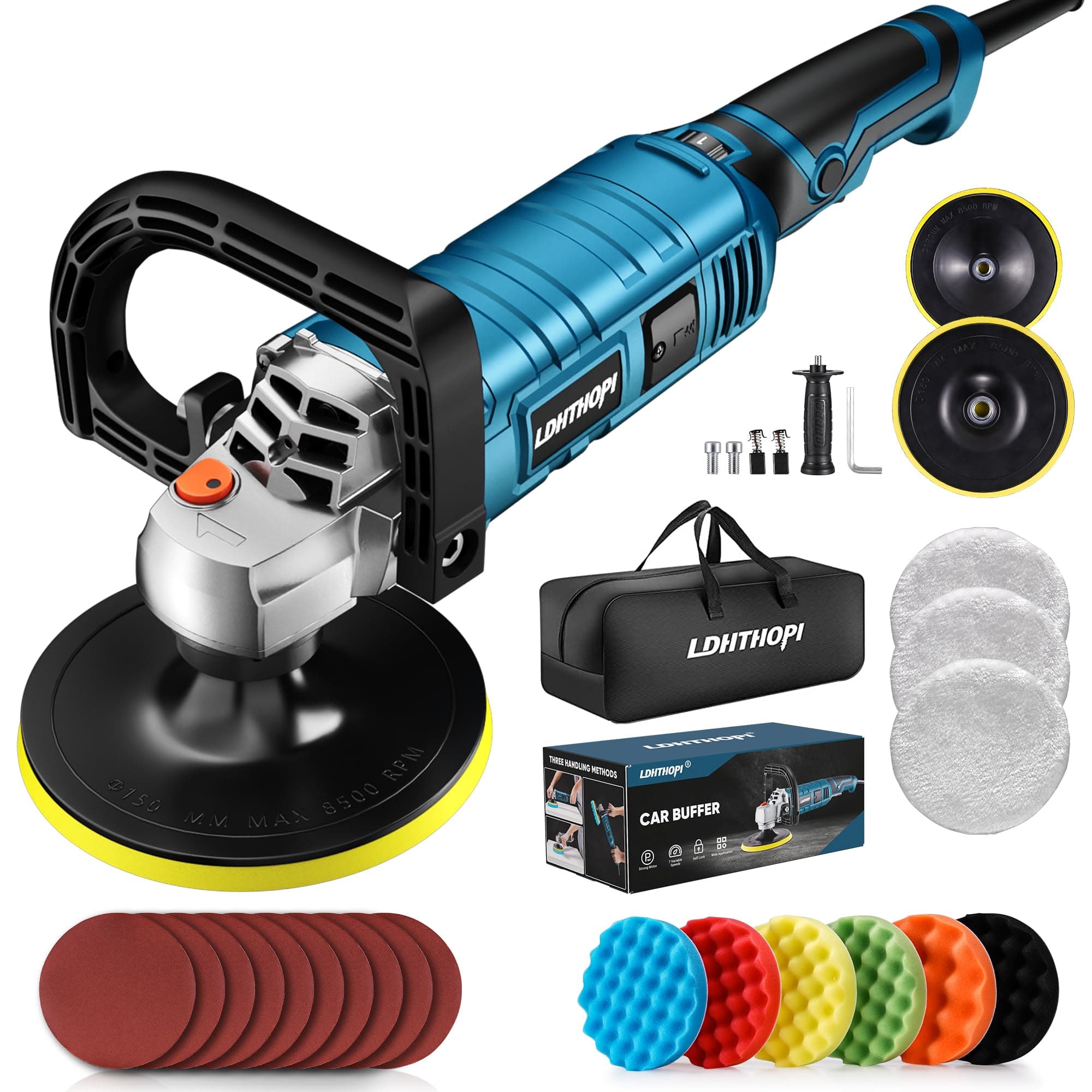 LDHTHOPI Buffer Polisher, 1600W 7 Inch/6 Inch Rotary Buffer Polisher Waxer, 7 Variable Speed 1000-3500 RPM, Detachable Handle for Car, Boat Sanding, Polishing, Waxing LB100-1 (1600W Rotary Buffer Polisher)