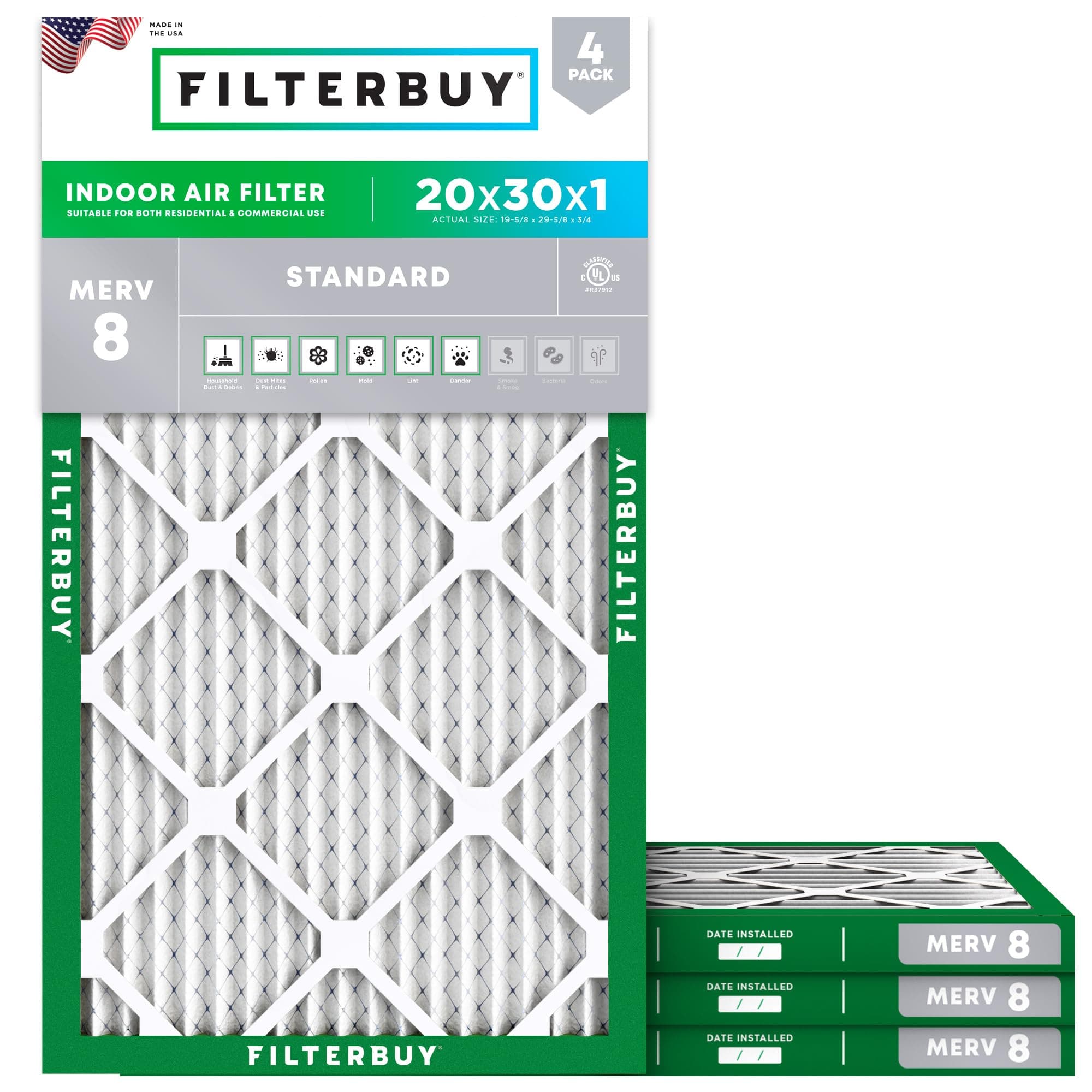 Filterbuy 20x30x1 Air Filter MERV 8 Essential Dust & Allergy Defense (4-Pack), Electrostatic Pleated HVAC AC Furnace Filters Replacement, Made in USA (Actual Size: 19.63 x 29.63 x 0.75)