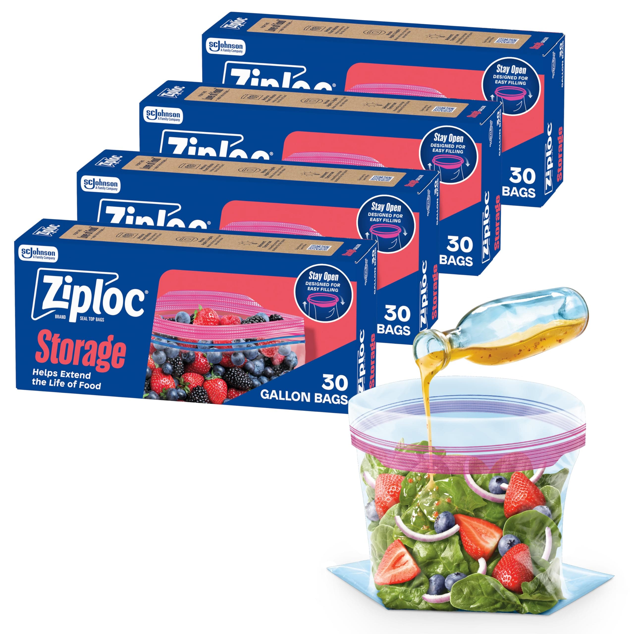 Ziploc Gallon Food Storage Bags, 120ct Total, Stand-Up Bottom, Easy to Fill, 30 Count (Pack of 4) (Packaging May Vary) 120 Count