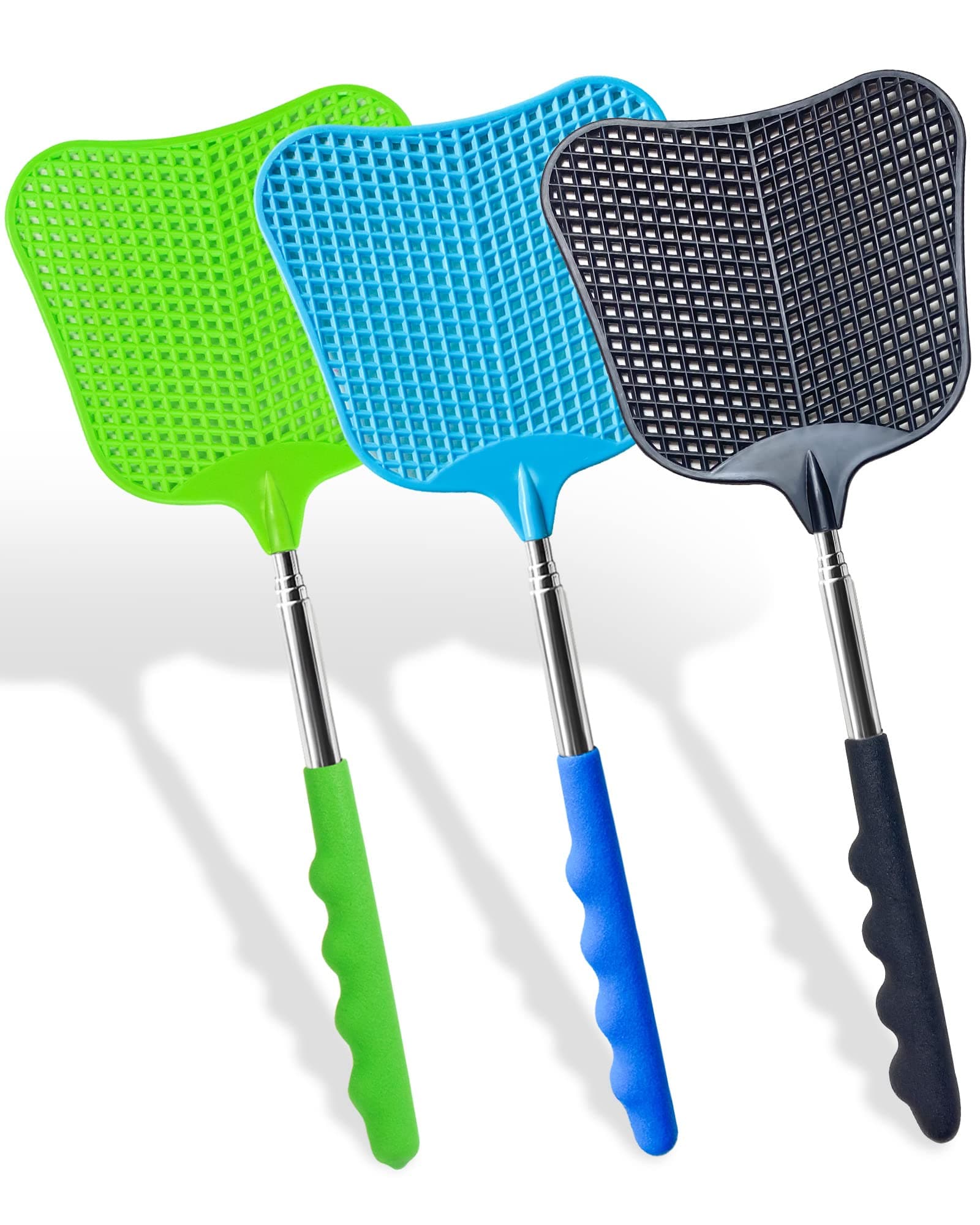 Wapodeai 3 pcs Fly Swatter, Fly Swatters Plastic Telescopic, Large Bug Swatter That Work for Indoor and Outdoor. (Black Blue Green) Black&Blue&Green
