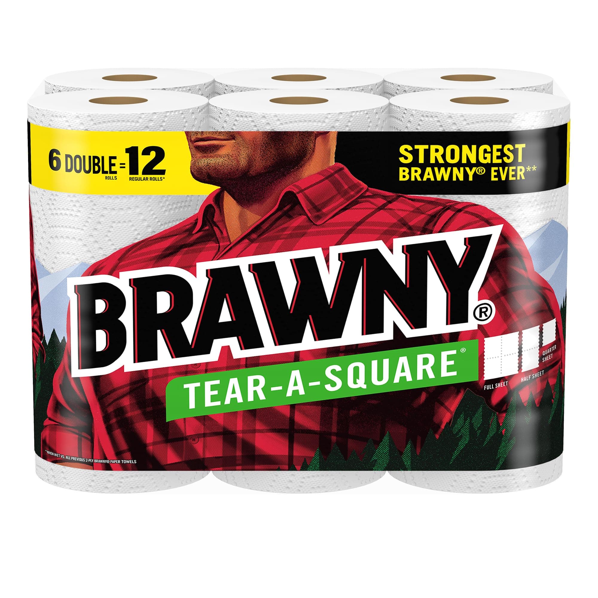 Brawny® Tear-A-Square® Paper Towels, 6 Double Rolls = 12 Regular Rolls OLD