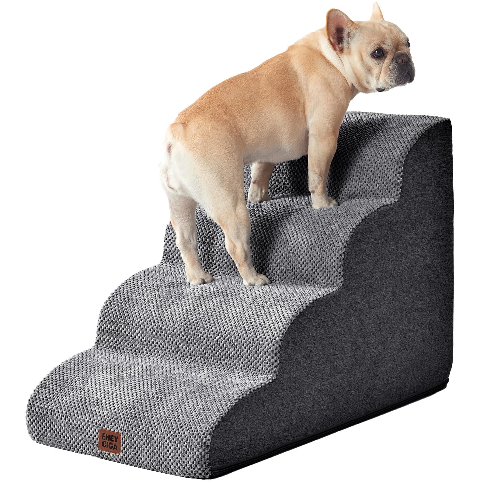 EHEYCIGA Curved Dog Stairs Ramp for High Beds 19.7" H, 4-Step Dog Steps for Small Dogs and Cats, Pet Stairs for High Bed Climbing, Non-Slip Balanced Pet Step Indoor, Grey Fleece-Grey 4-Step