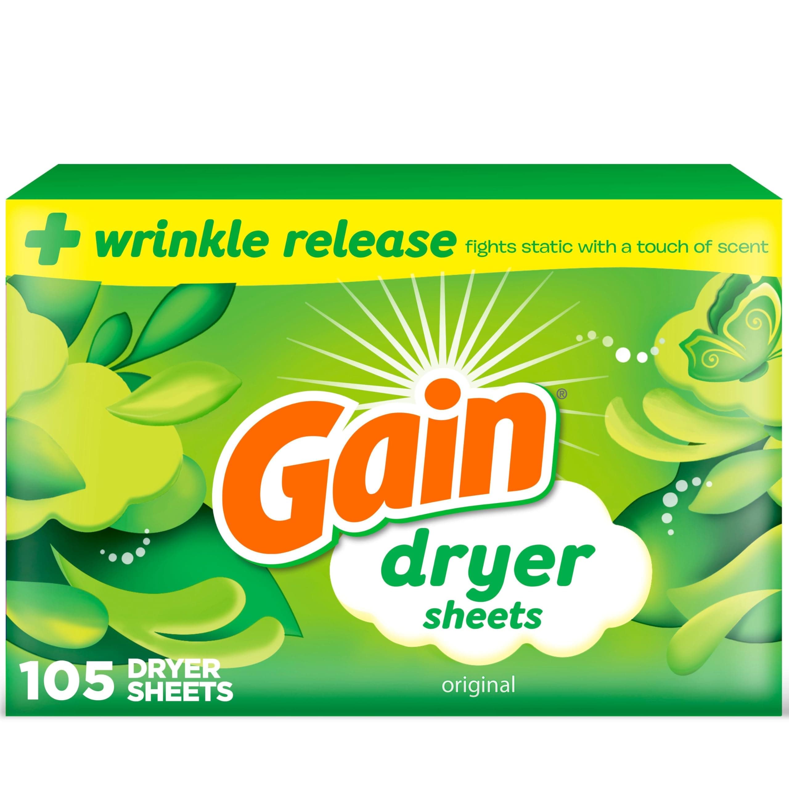 Gain dryer sheets Plus Wrinkle Release, Original Scent, 105 Count, Fights static with a touch of scent, laundry sheets 105 Count (Pack of 1)