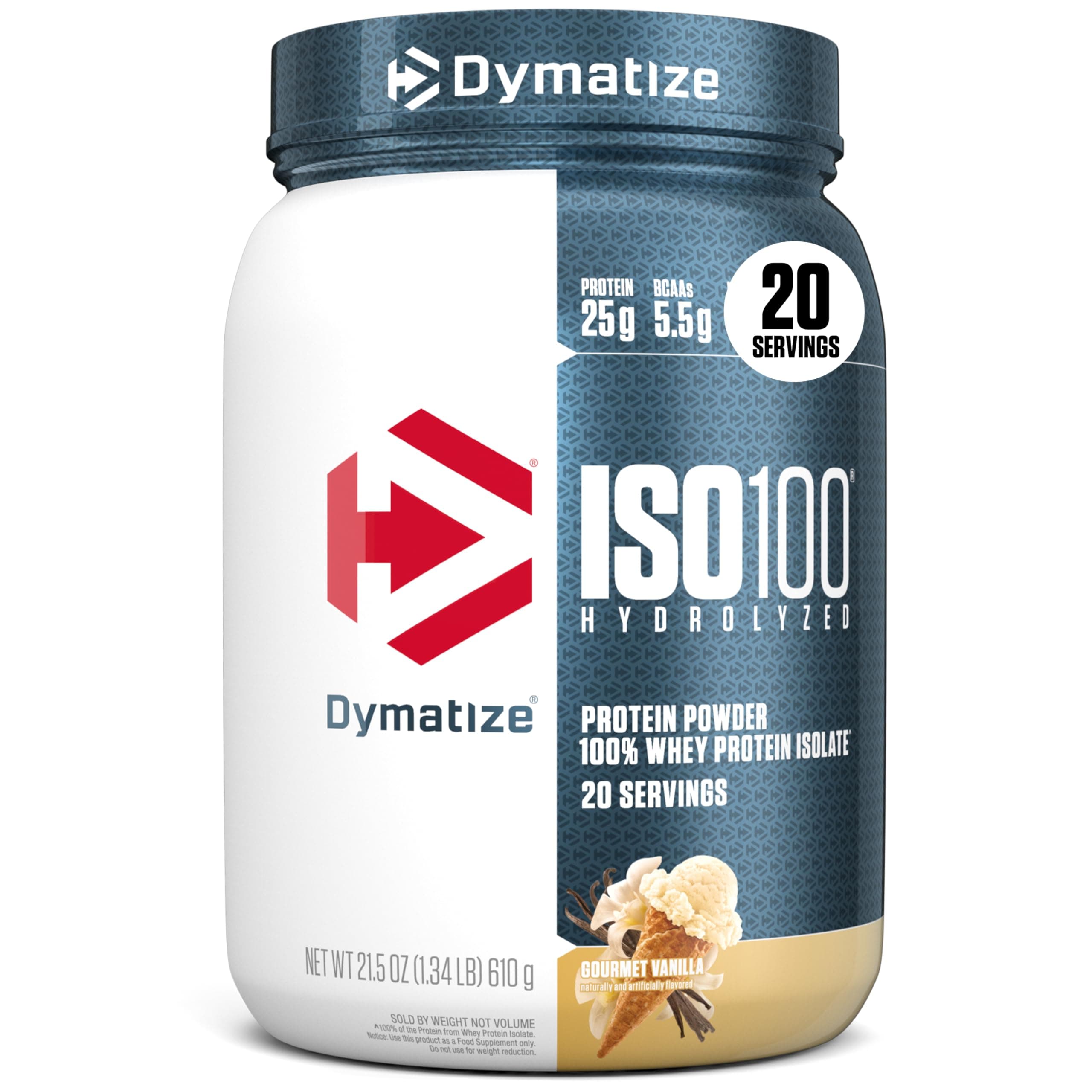 Dymatize ISO100 Whey Protein Powder Isolate, Gourmet Vanilla, 25g of Protein, 5.5g BCAAs, Less Than 120 Cal., Gluten Free, 1g Fat, 1g Sugar, 2g Carb (20 Servings) Vanilla 1.34 Pound (Pack of 1)