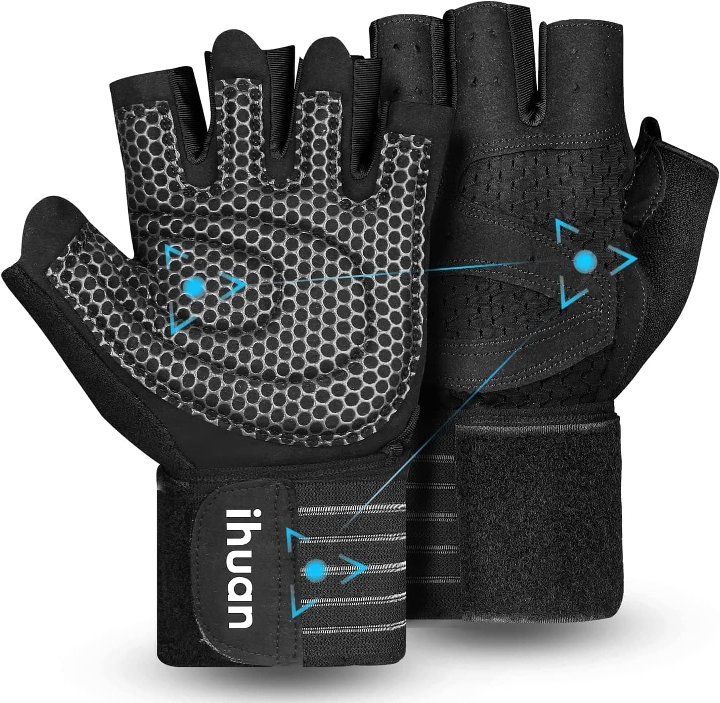 ihuan Ventilated Weight Lifting Gym Workout Gloves with Wrist Wrap Support for Men & Women, Full Palm Protection, for Weightlifting, Training, Fitness, Hanging, Pull ups Black Large