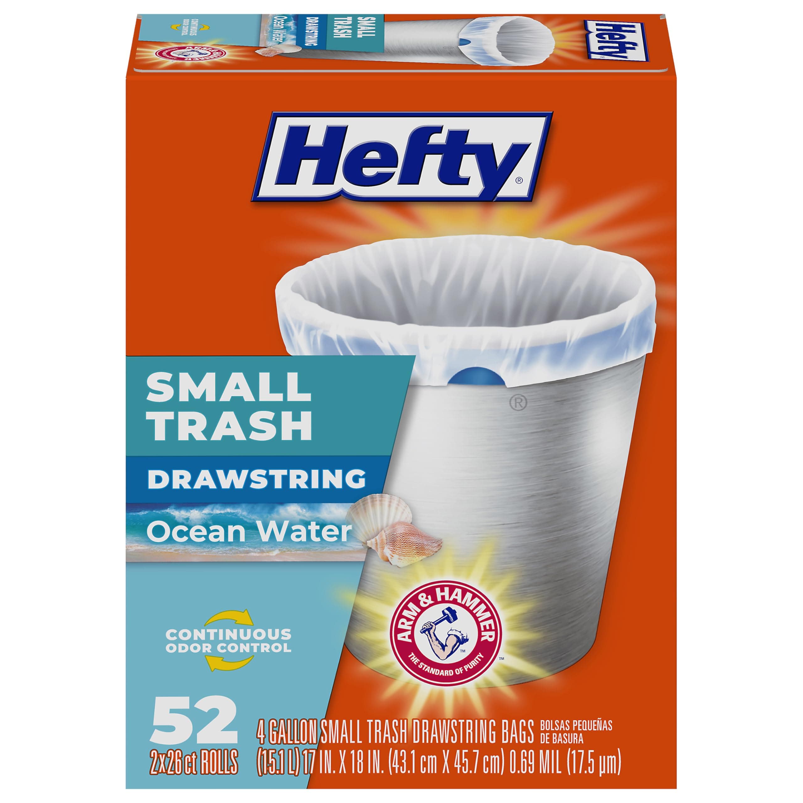 Hefty Small Trash Bags, Ocean Water Scent, 4 Gallon, 52 Count White 52 Count (Pack of 1)