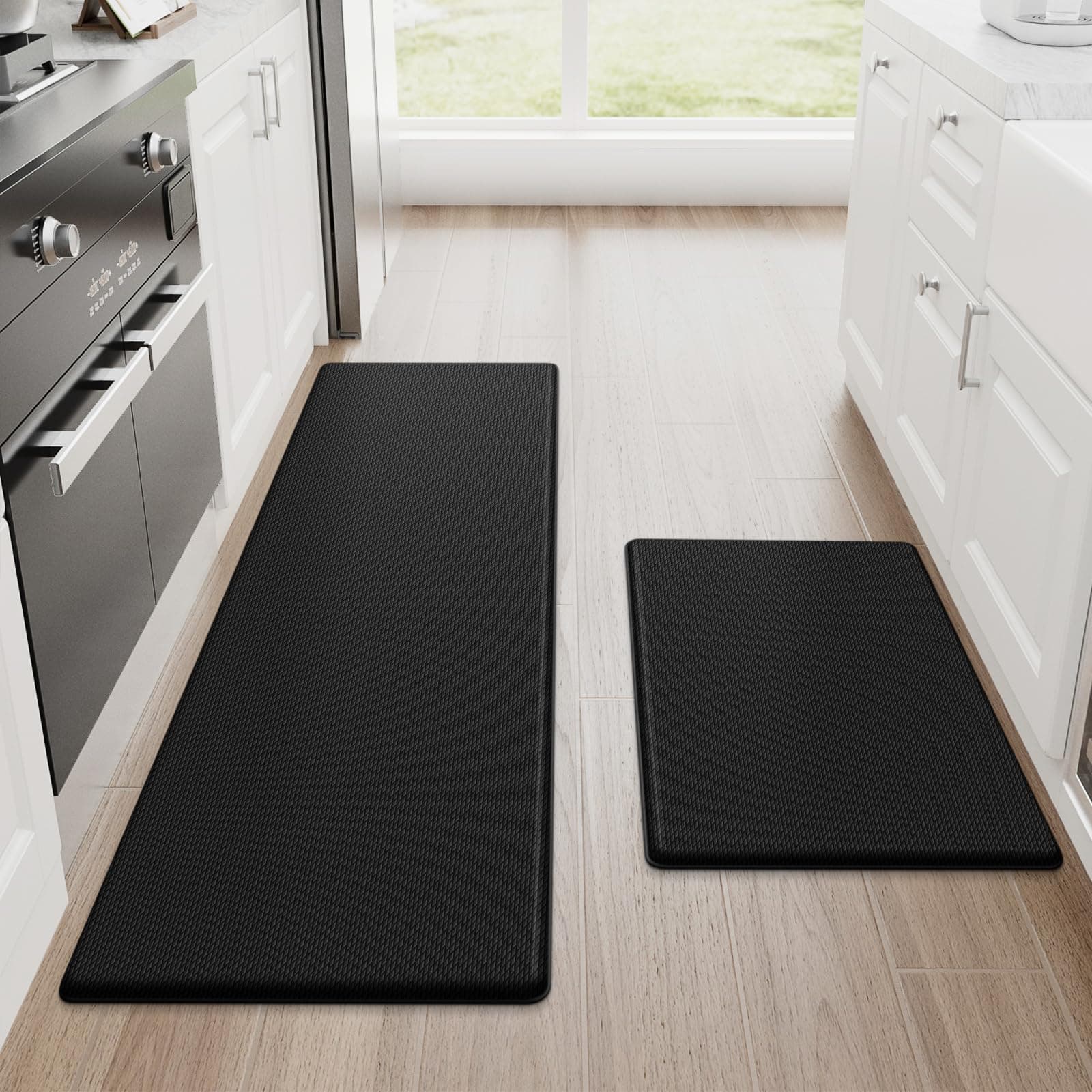 StepRite Kitchen Mats, 2PCS Kitchen Rugs, Cushioned Anti Fatigue Kitchen Mats for Floor, Non-Slip Standing Desk Mat, Waterproof Kitchen Rug Set for Kitchen, Floor, Office, 17.3"x30"+17.3"x47", Black Black 17.3" x 30"+17.3" x 47"-0.4 inch