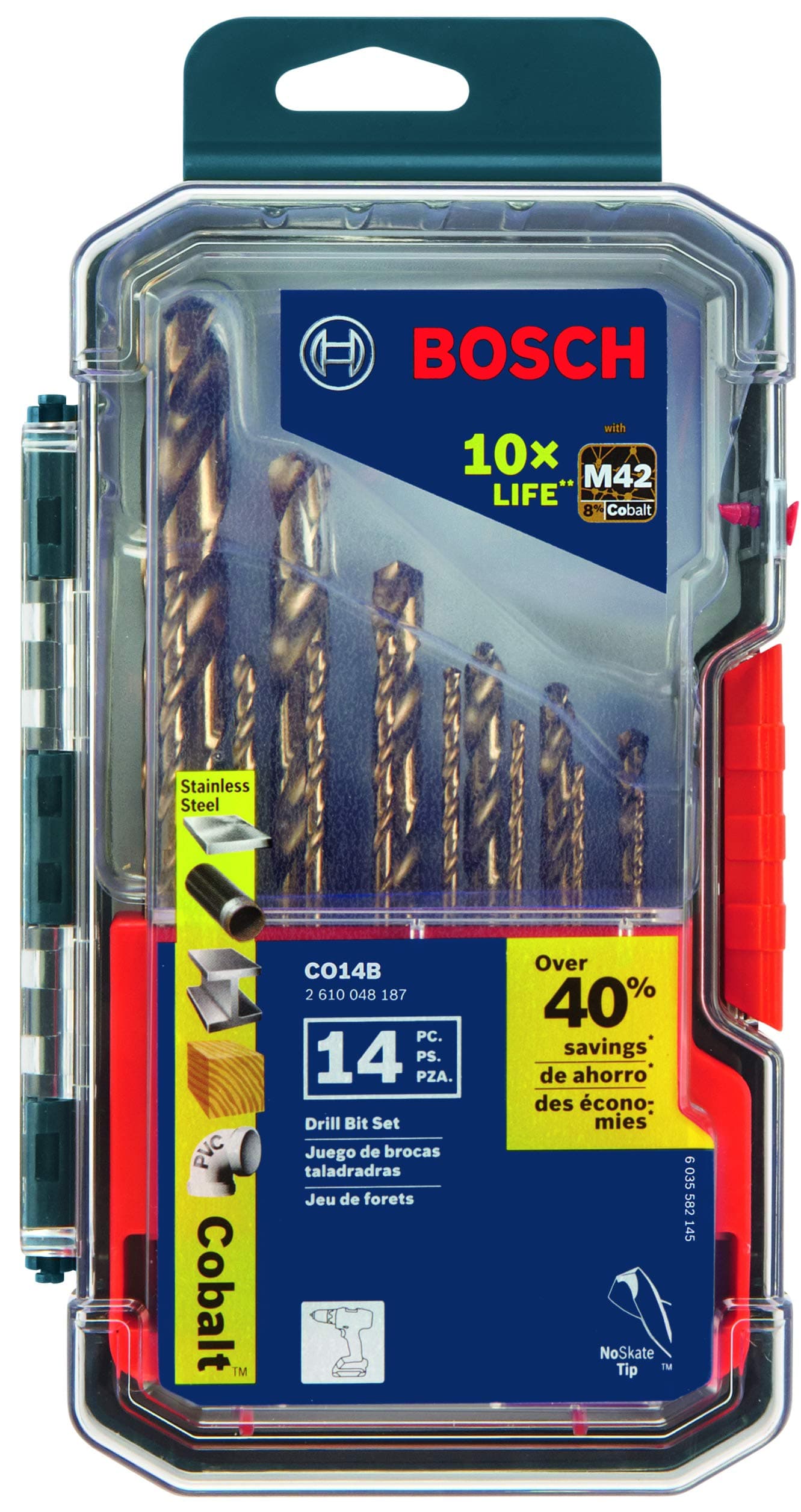 BOSCH CO14B 14-Piece Assorted Set with Included Case - Cobalt M42 Metal Drill Bits with Three-Flat Shank for Drilling Applications in Stainless Steel, Cast Iron, Titanium, and Light-Gauge Metal 14 pc. Drill Bit Set