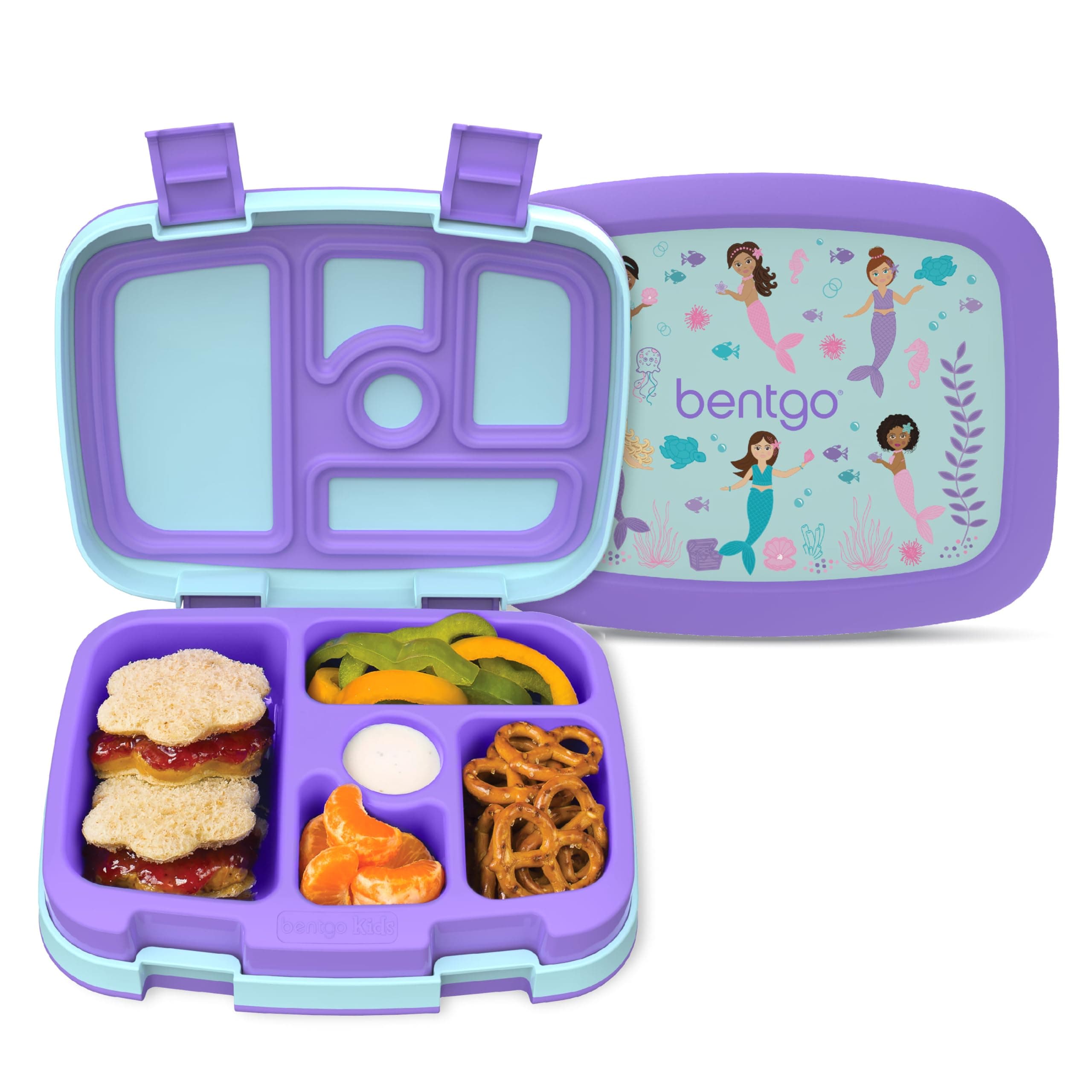 Bentgo Kids Prints Leak-Proof, 5-Compartment Bento-Style Kids Lunch Box - Ideal Portion Sizes for Ages 3-7, Durable, Drop-Proof, Dishwasher Safe, & PFAS & BPA-Free Materials (Mermaids in the Sea)