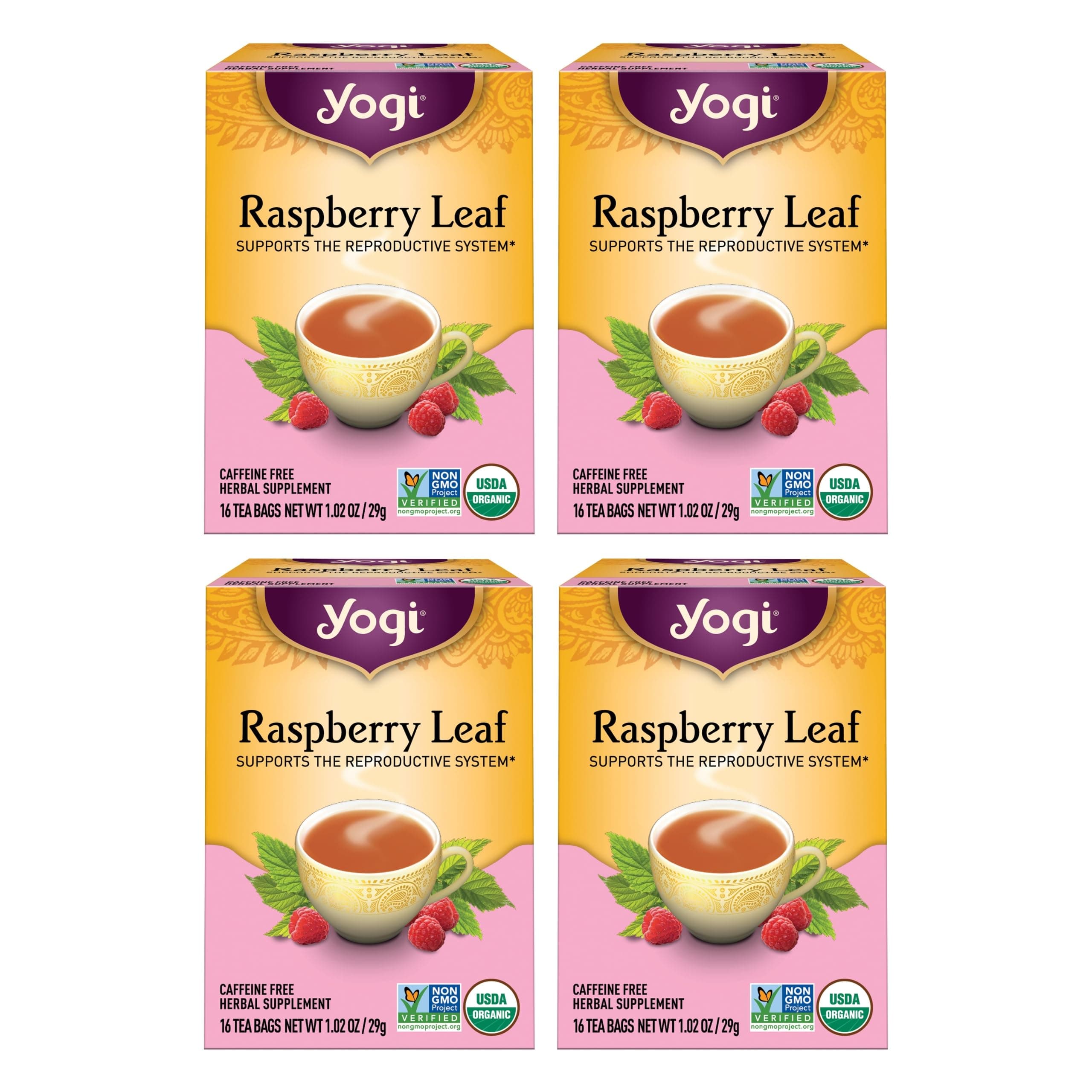 Yogi Tea Organic Raspberry Leaf Tea - 16 Tea Bags per Pack (4 Packs) - Caffeine-Free, Aids Discomfort of Menstruation - Made from Raspberry Leaves