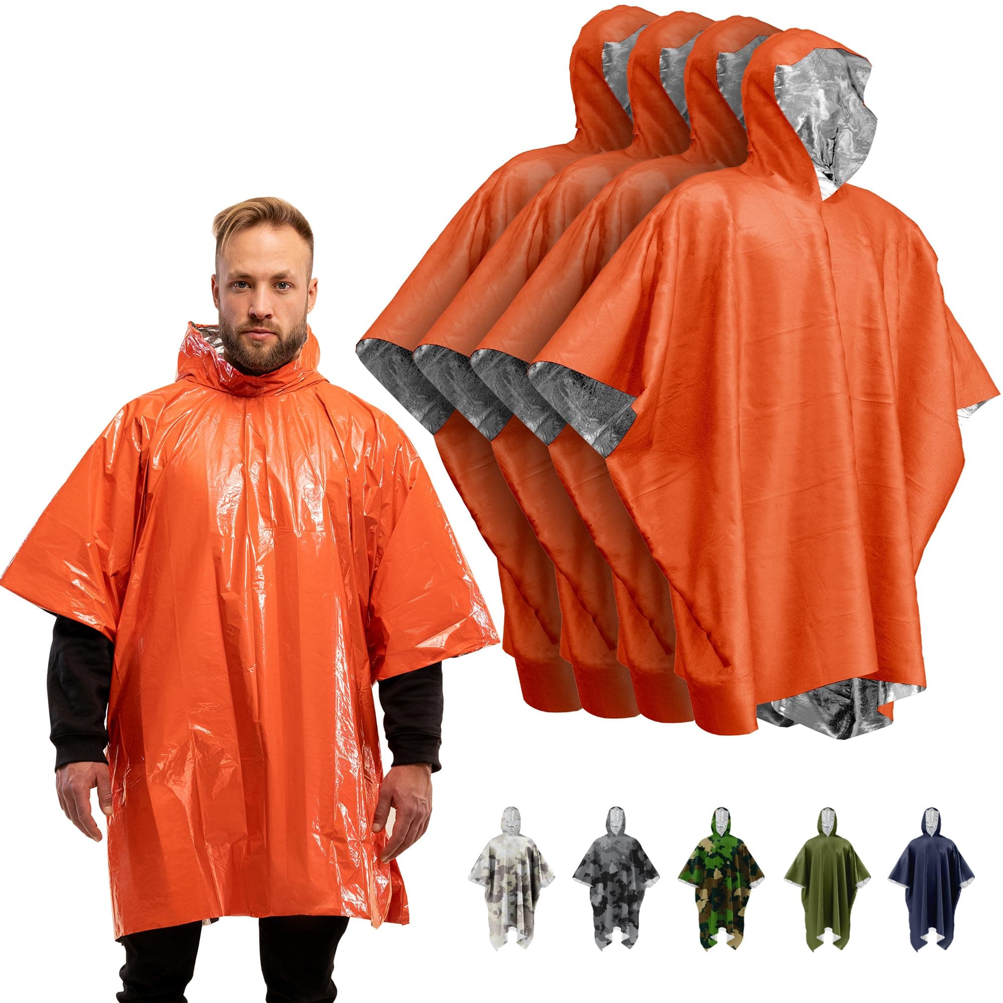 PREPARED4X Emergency Poncho and Mylar Blanket Liner - Waterproof, Wind-Resistant Outdoor Rain Poncho for Camping, Emergencies Orange