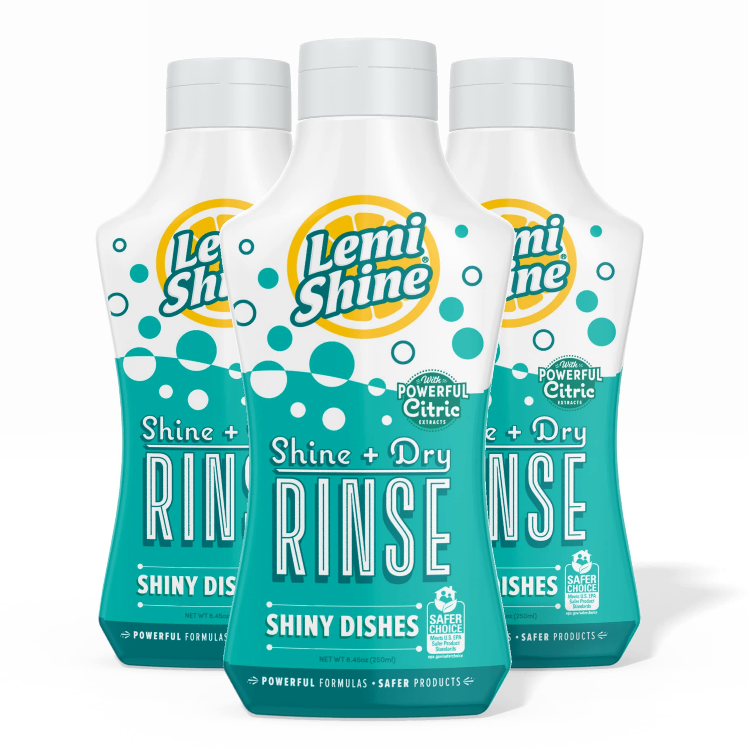 Lemi Shine - Shine + Dry Natural Dishwasher Rinse Aid, Hard Water Stain Remover (3 Pack) 8.45 Fl Oz (Pack of 3)