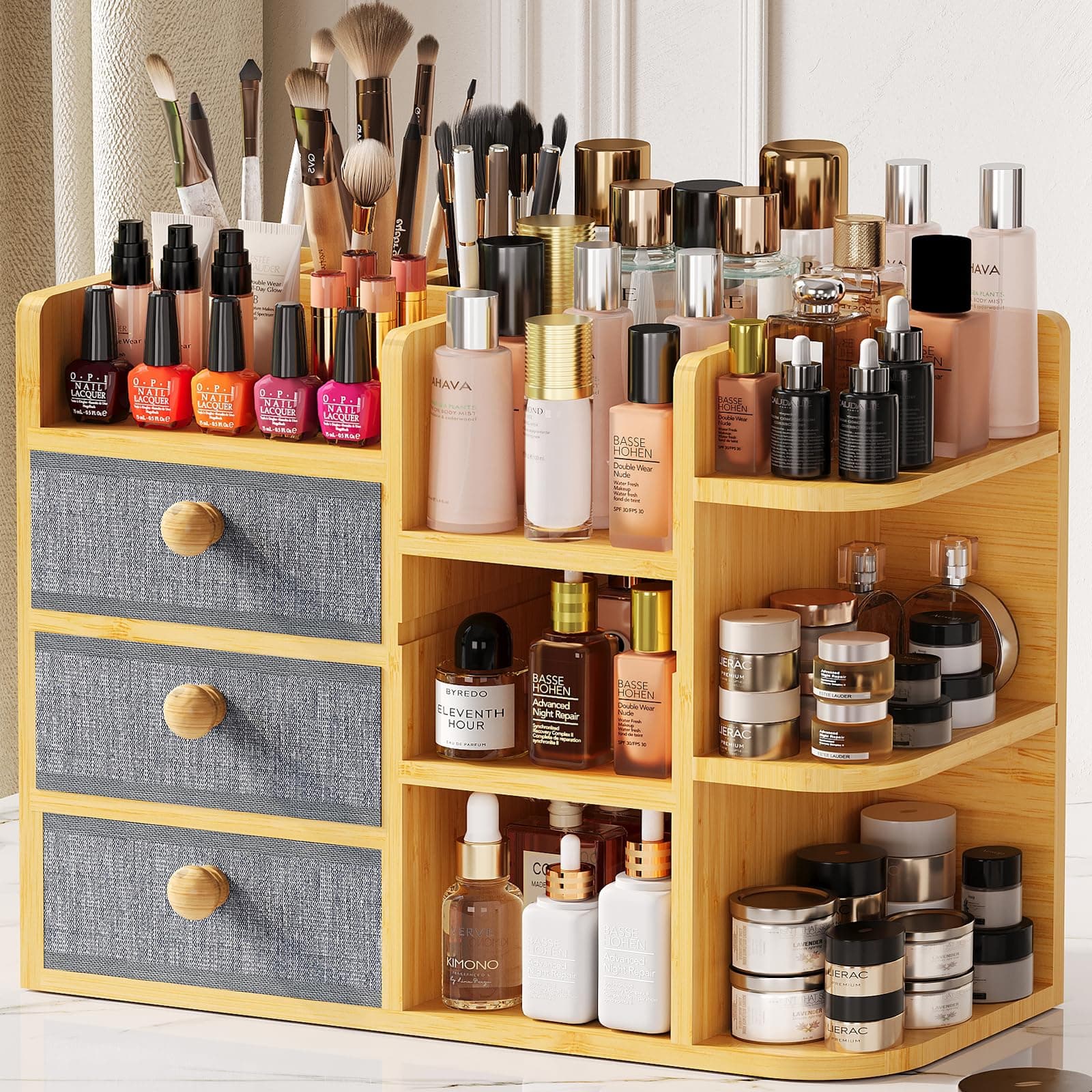 Large Bamboo Makeup Organizer For Vanity, Large Capacity 3 Tiers Bamboo Bathroom Counter Organizers and Storage, Countertop Make Up Skin Care Holder with 3 Brush Holders 3 Drawers 7 Compartments 3 Tier Natural Bamboo