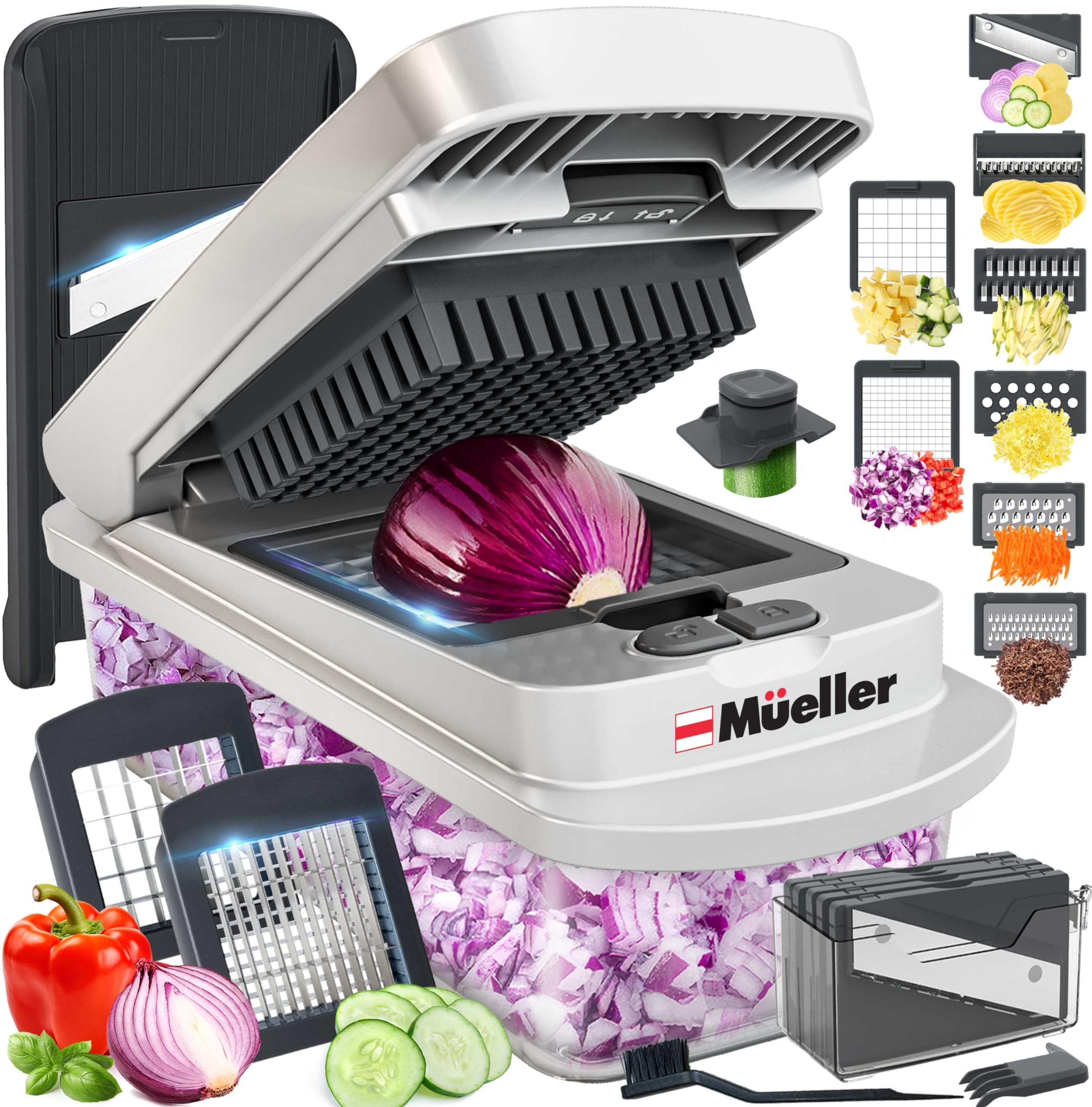 Mueller The Real Original Pro Chopper since 2013 Vegetable Chopper Mandoline Slicer, 8 Blade Food Veggie Chopper Onion Vegetable Cutter with Container, Kitchen Gadgets & Essentials, (10 in 1) 8 Blade White Sand/Gray