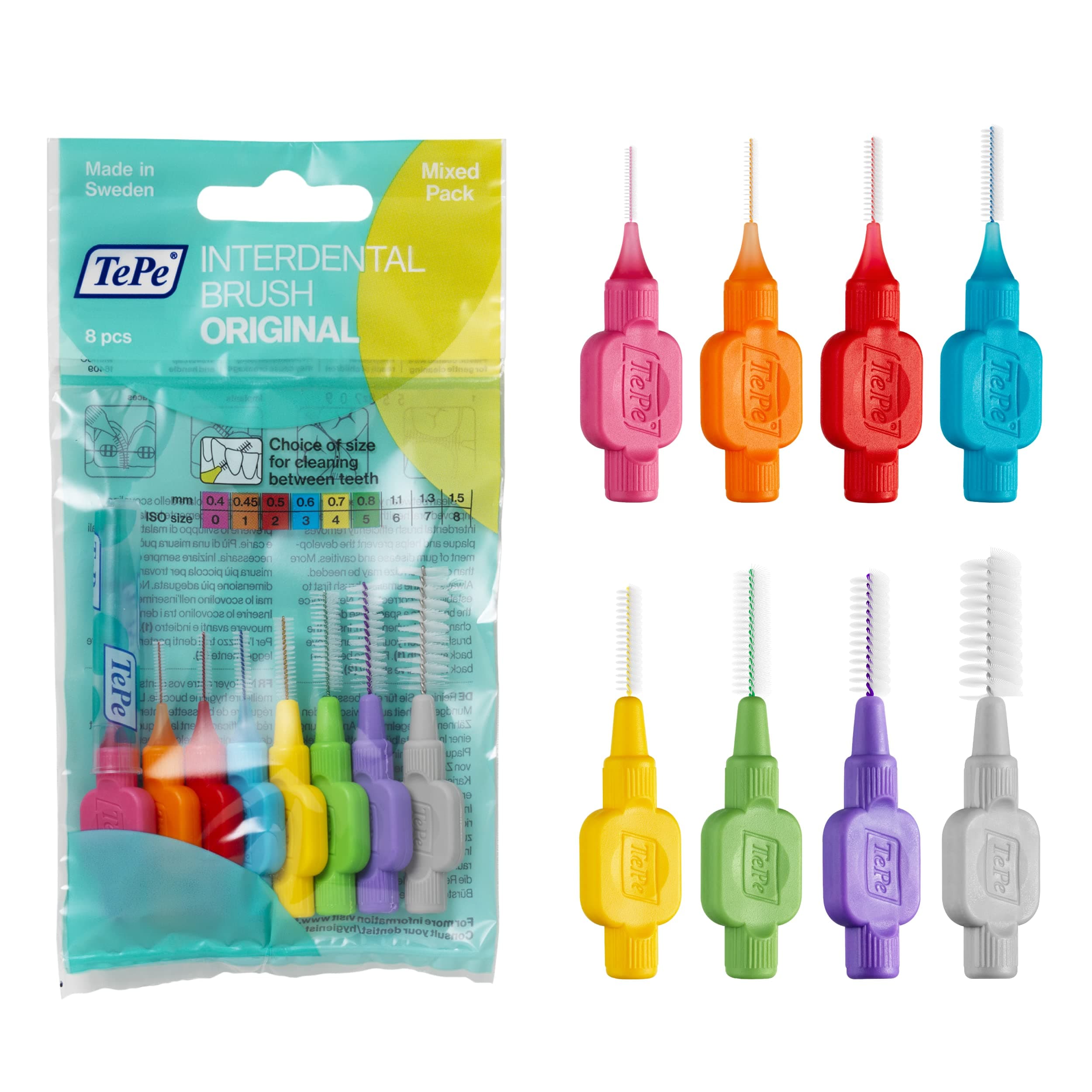 TePe Pack of 8 Interdental Brush Original, Soft Dental Brush for Teeth Cleaning, Mixed Pack Mixed Multi