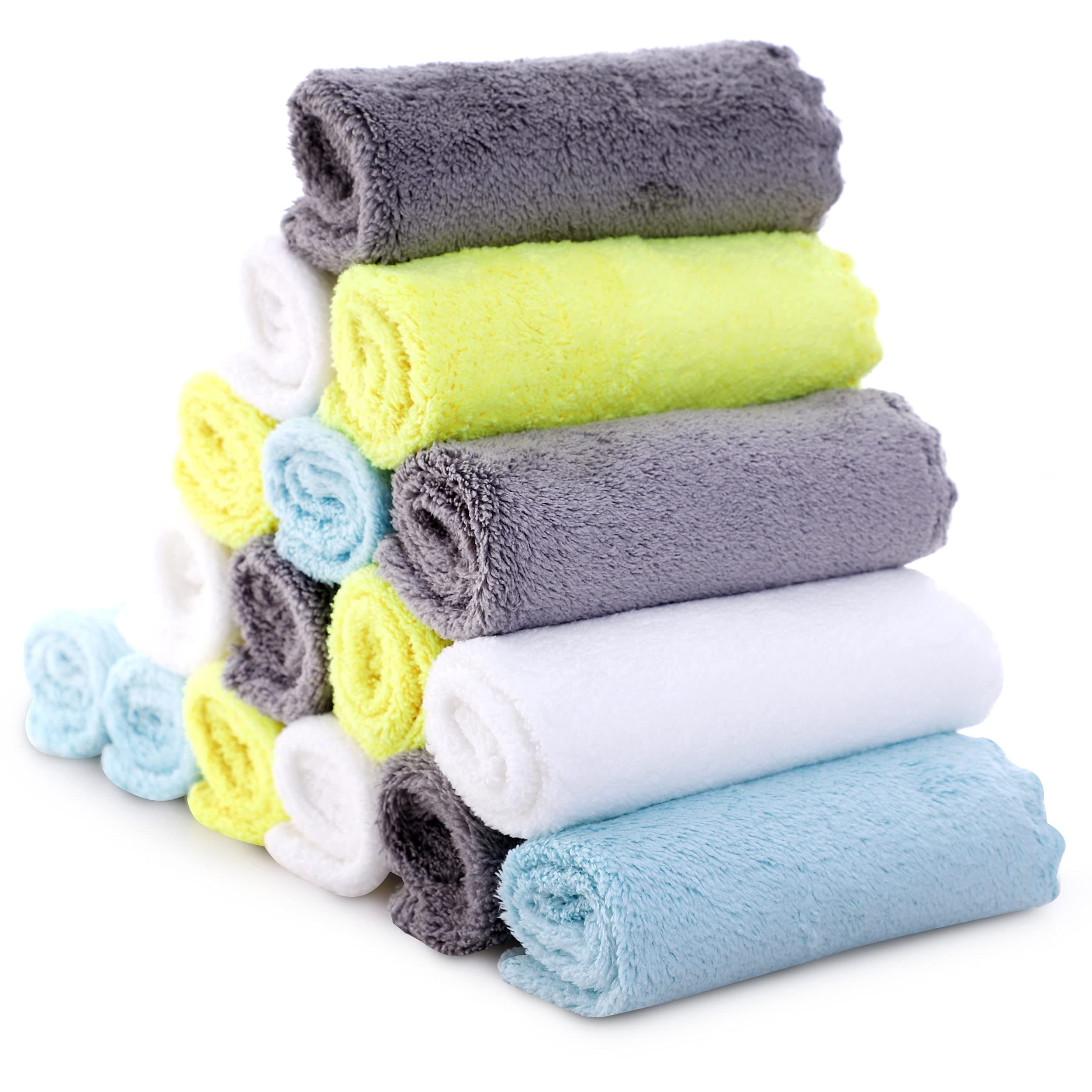 Cute Castle Ultra-Soft Baby Washcloths, 16 Pack - 9" by 9", Gentle on Sensitive Skin for Face and Body, Plush, Super Absorbent Wash Clothes for Girls and Boys White+grey+yellow+aquamarine 9x9 Inch (Pack of 16)
