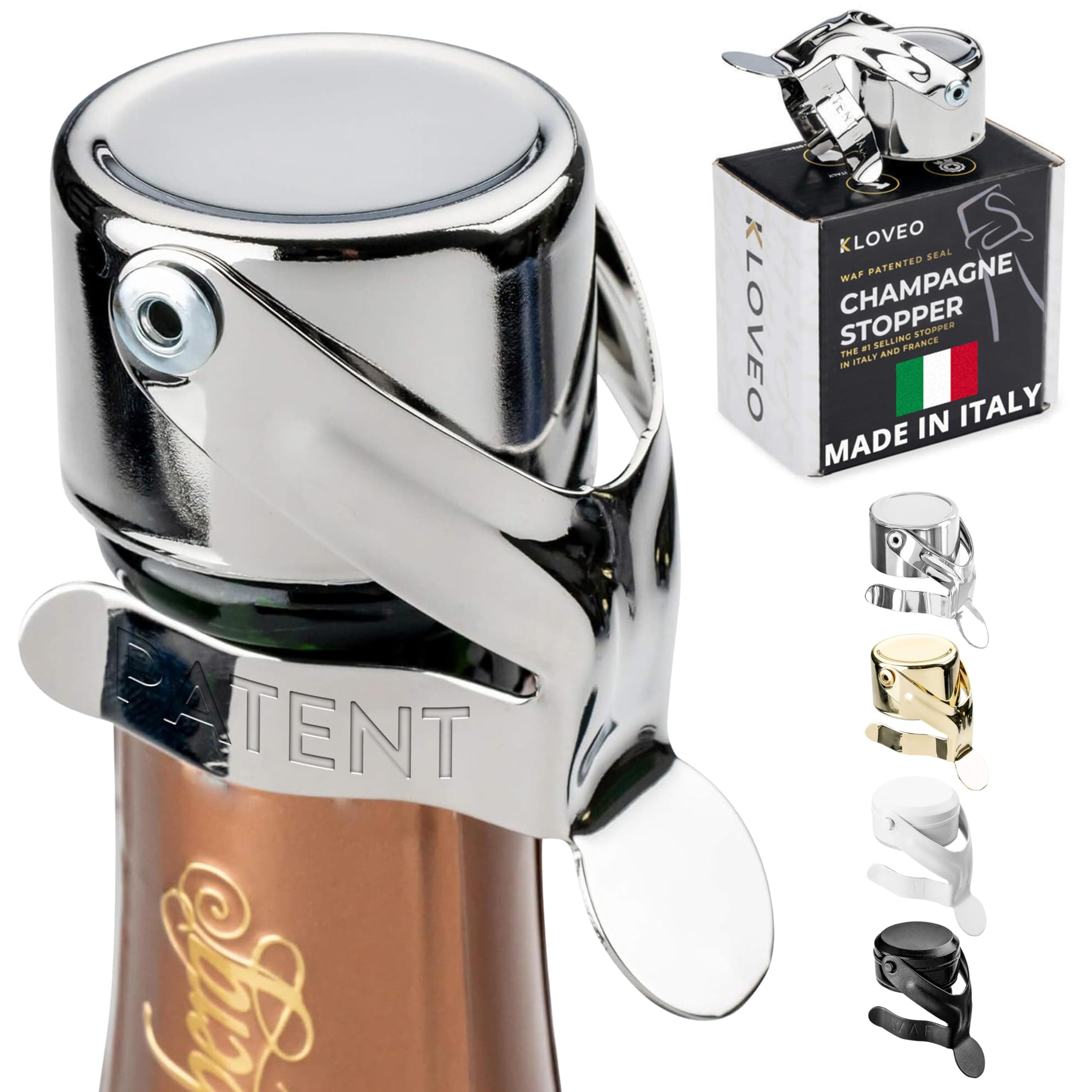 KLOVEO Champagne Stoppers - Patented Seal - Made in Italy - Professional Grade WAF Champagne Bottle Stopper - Prosecco, Cava, and Sparkling Wine Bottle Stopper Chrome 1