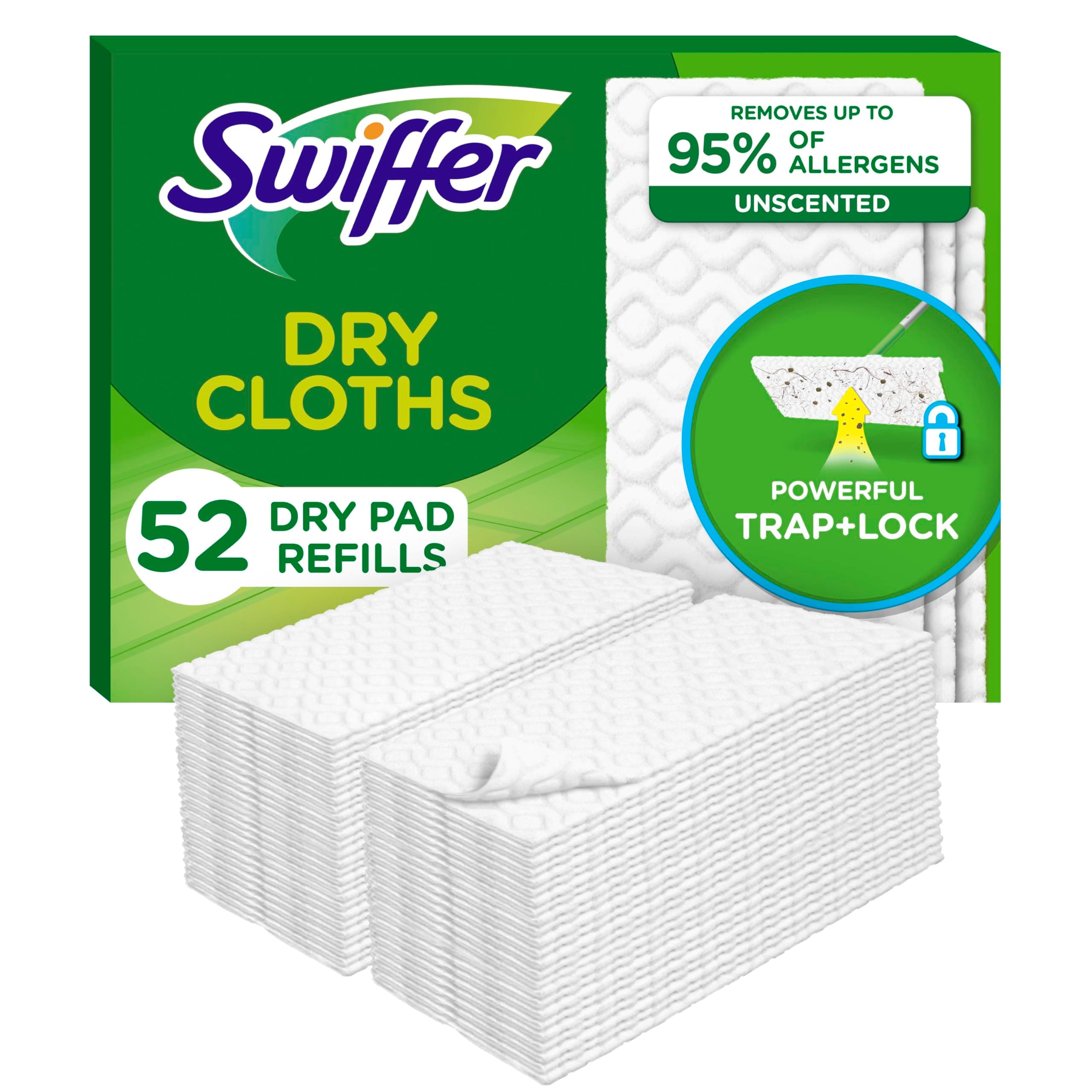 Swiffer Sweep + Mop, Dry Pads Refill, Floor Cleaner for Dirt, Dust, Hair, Cleaning Cloths for Mopping Home, Bathroom, Kitchen, Dust Mop, Floor Duster, Unscented, 52ct 52 Count (Pack of 1) Swiffer Sweeper Refills