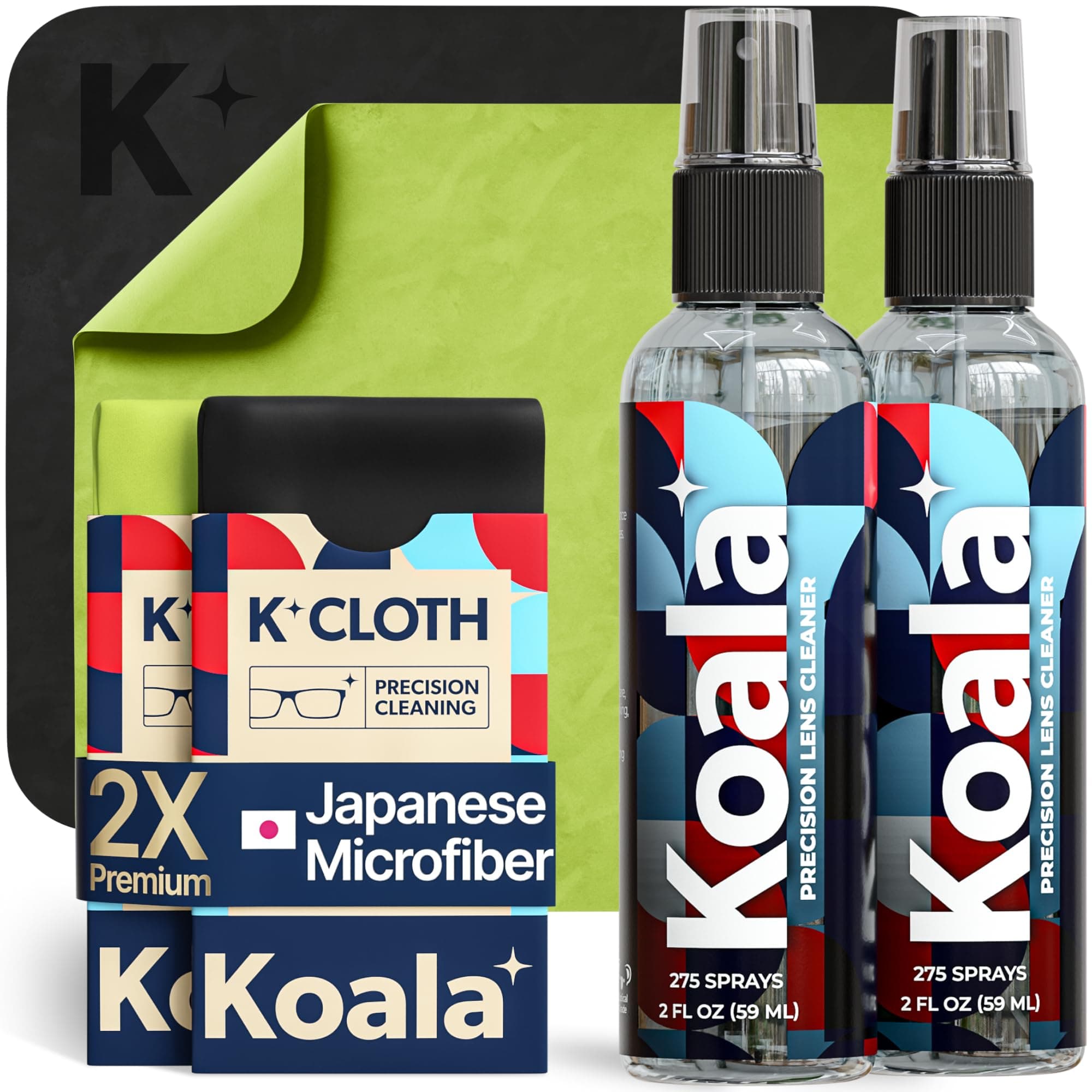 Koala Eyeglass Lens Cleaner Spray Kit | (2x) Glasses Cleaner Bottle + (2x) Microfiber Cloth | Alcohol Free Eyeglasses, Screen, and Camera Cleaning Kit | Made in USA (4 Piece Set) Black / Green 4 Piece Set