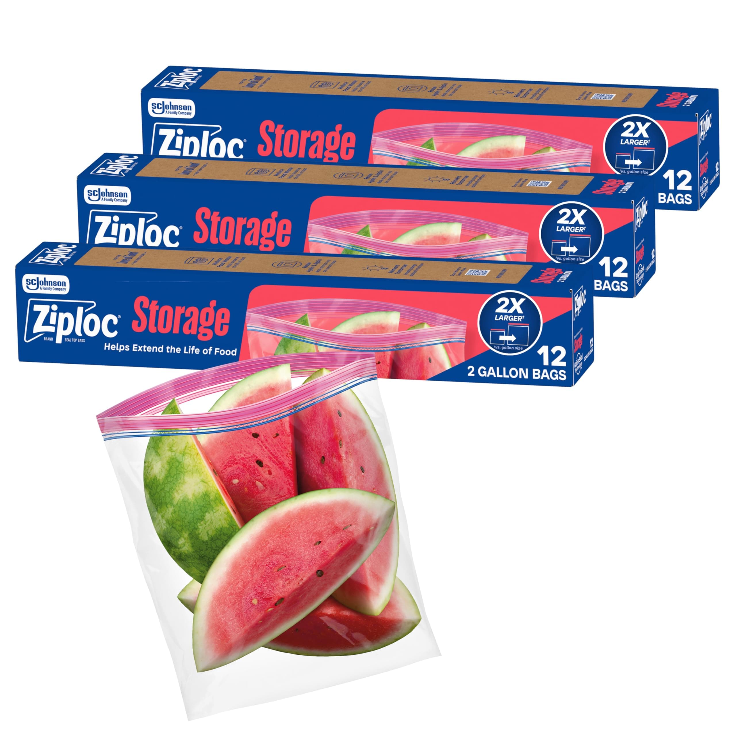 Ziploc 2 Gallon Food Storage Bags, Grip 'n Seal Technology for Easier Grip, Open, and Close, 36 Bags Total 36 Count