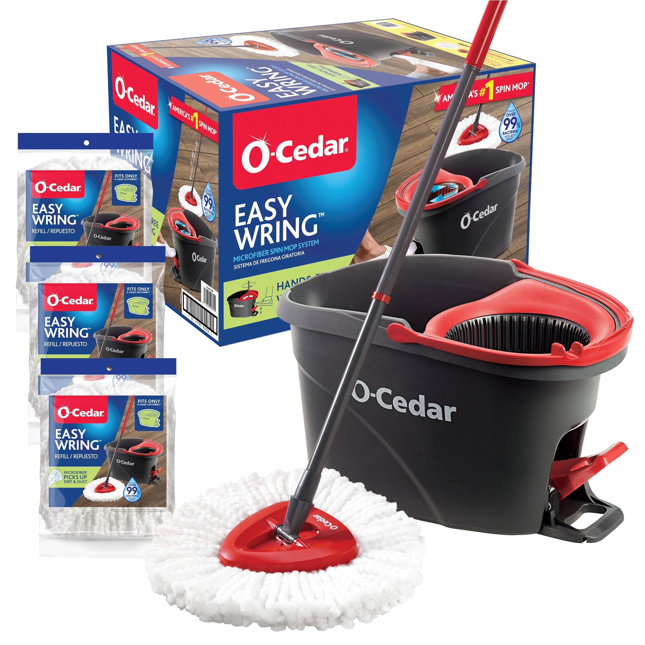 O-Cedar Easywring Microfiber Spin Mop & Bucket Floor Cleaning System with 3 Extra Refills Spin Mop Bucket with 3 Extra Refills