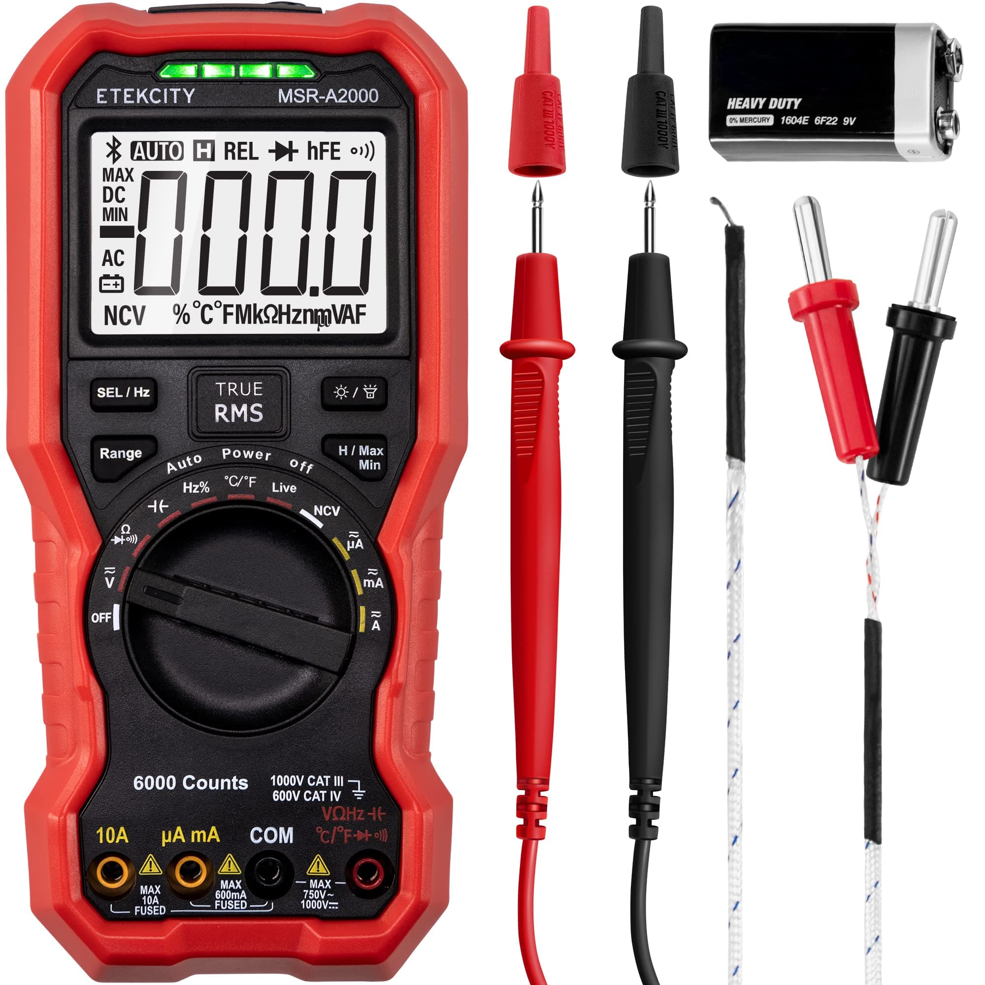 Etekcity Digital Multimeter Voltmeter Tester TRMS 6000 Counts, AC DC Current Voltage Meter, Amp, Ohm, Diode, Capacitance, Frequency, Temperature, NCV, Resistance, Red, MSR-A2000 Upgrade