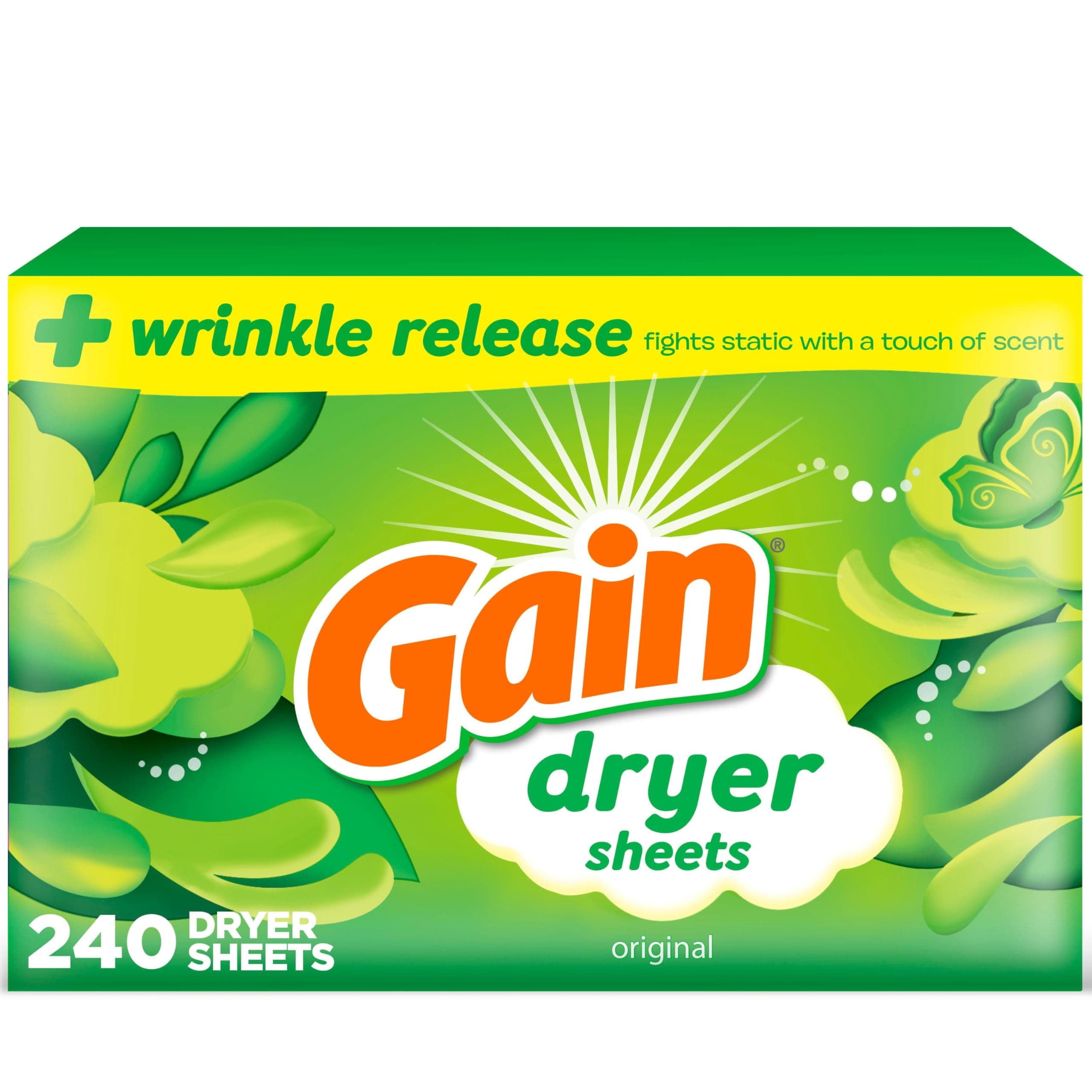 Gain dryer sheets Plus Wrinkle Release, Original Scent, 240 Count, Fights static with a touch of scent, laundry sheets ORIGINAL 240 Count (Pack of 1)