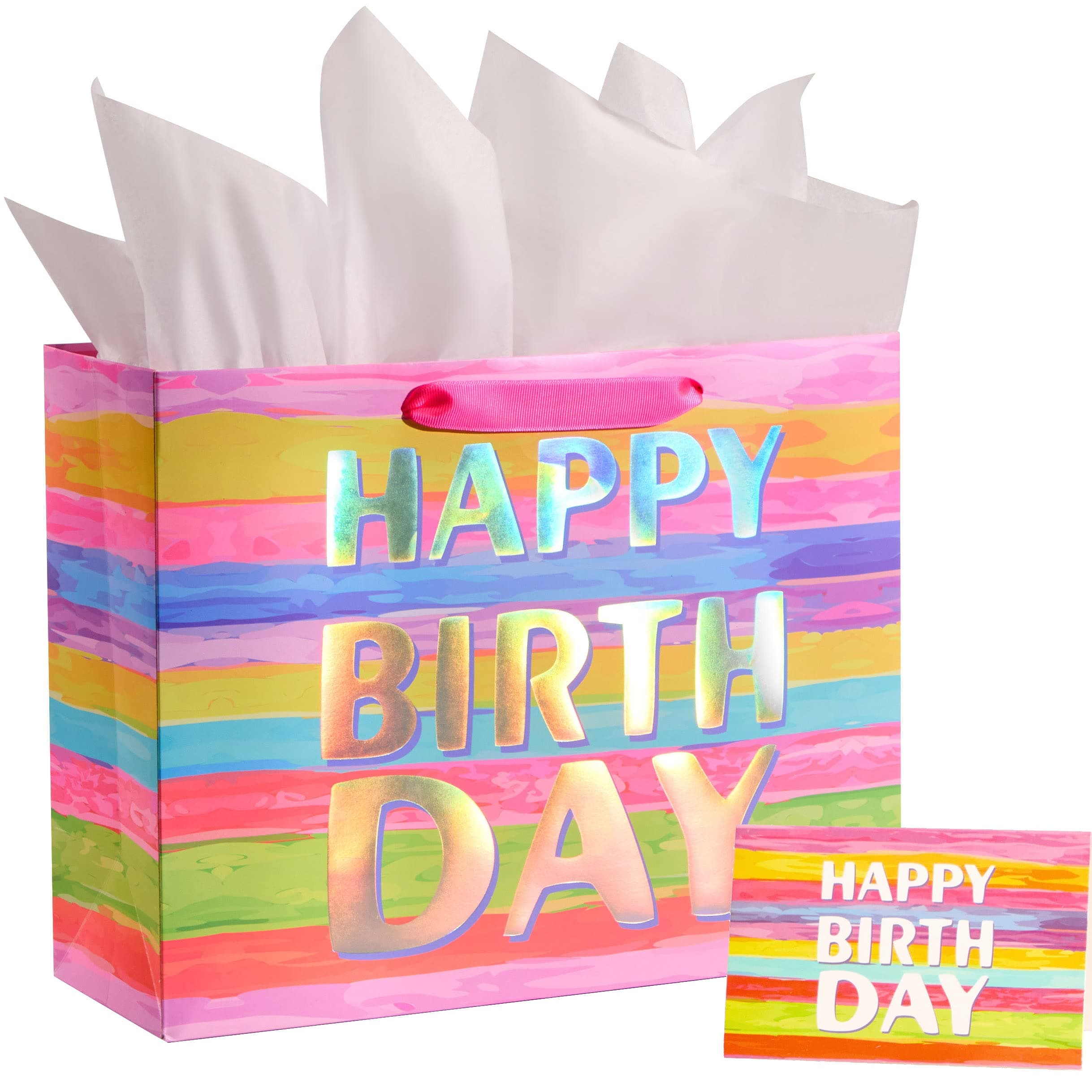 13" Large Birthday Gift Bag with Tissue Paper and Greeting Card – Colorful Gift Bag for Kids, Women, or Mom’s Birthday Colorful Happy Birthday