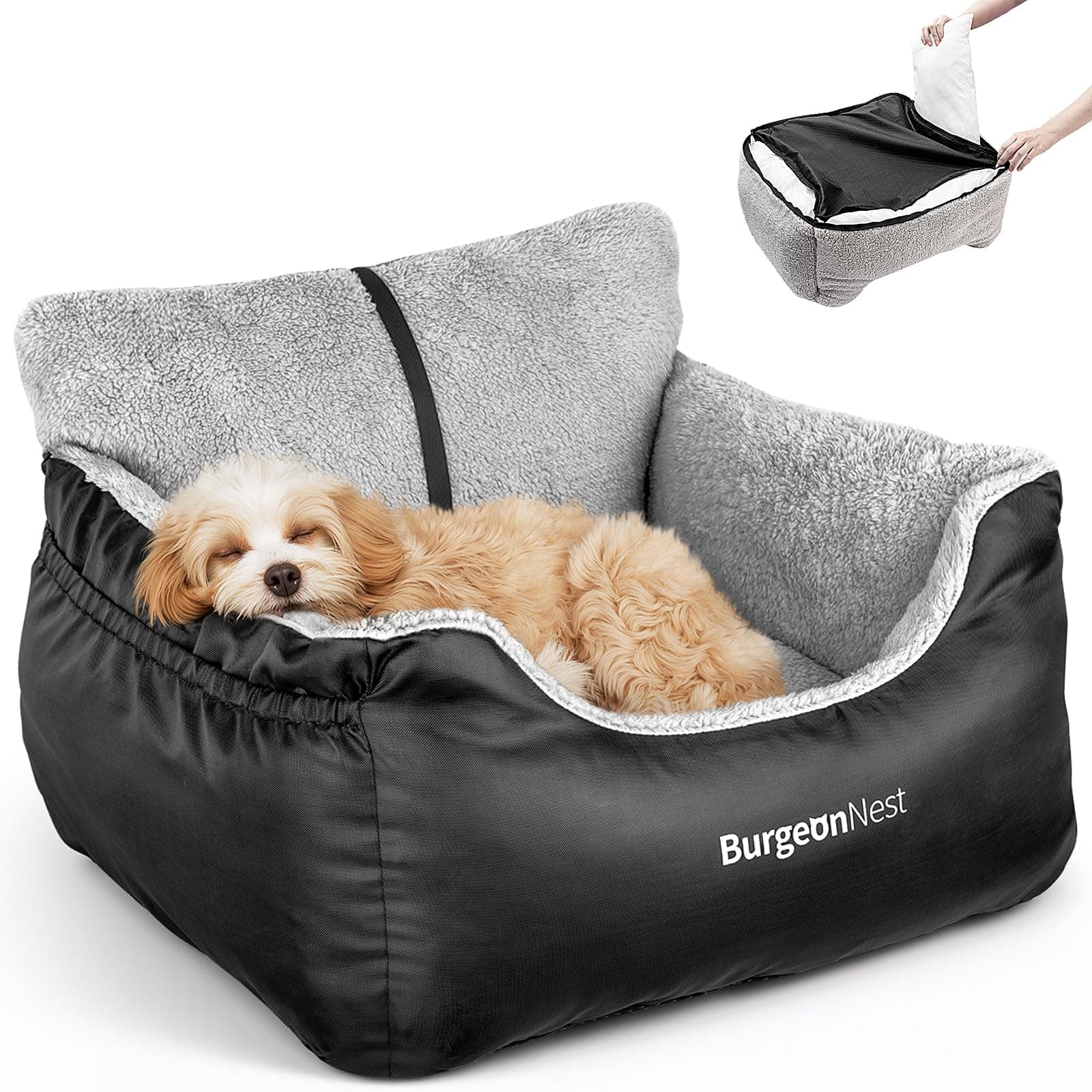 BurgeonNest Dog Car Seat for Small Dogs, Soft Pet Car Travel Home Bed Under 25 lbs, Fully Detachable and Washable Cat Booster Carseats with Storage Pockets and Clip-On Leash Portable Carrier,Black Small Black