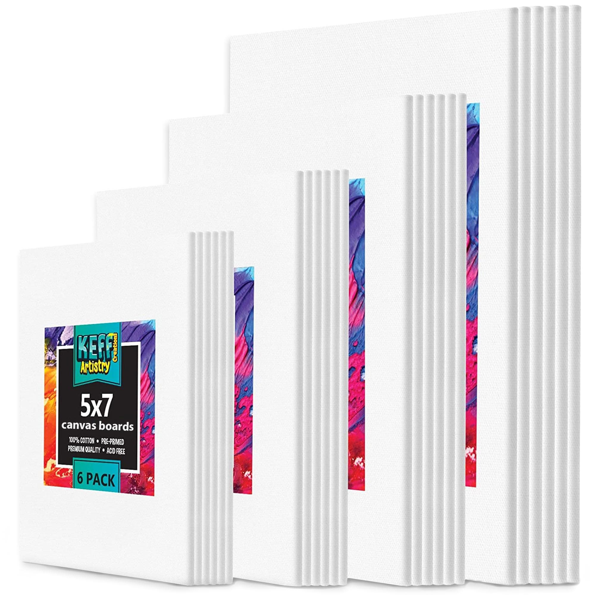 KEFF 24-Pack Canvas for Painting, 6 of 5x7, 8x10, 9x12,11x14 Painting Canvas Boards, Art Supplies for Adults & Kids - 100% Cotton Primed Canvases for Painting Acrylic, Oil, Watercolor, Tempera 24 Pack - 6 of Each, 5x7, 8x10, 9x12, 11x14 24