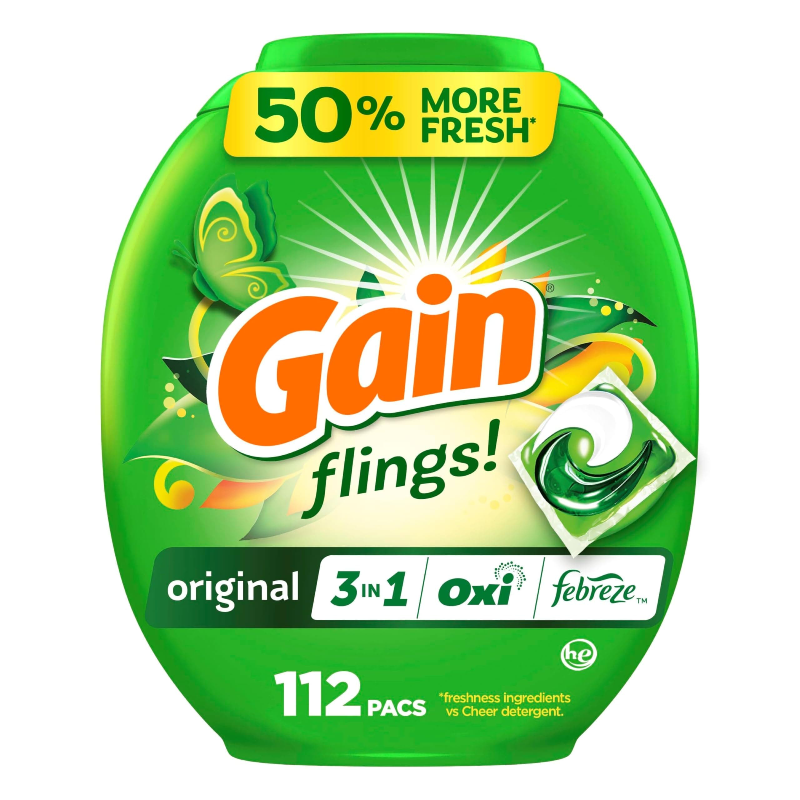 Gain Flings Laundry Detergent Pacs, 112 Count, Original Scent, 3 in 1 HE Detergent Pacs with Oxi Boost and Febreeze Original 112 Count (Pack of 1)