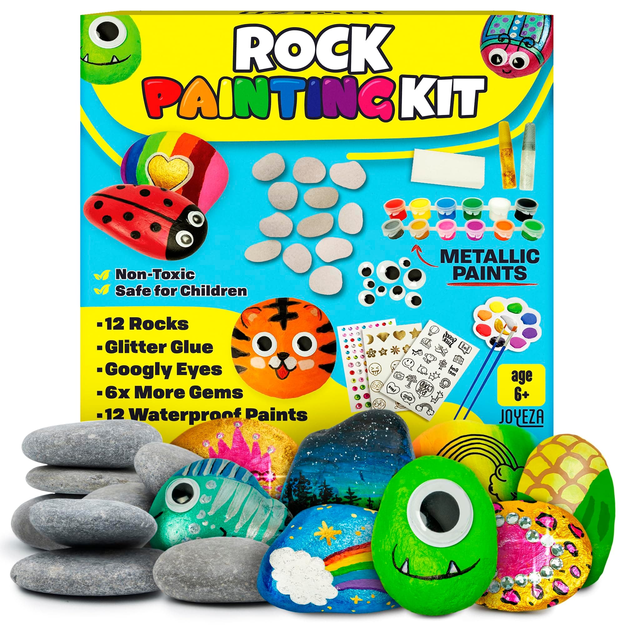 JOYEZA Rock Painting Kit Deluxe, Arts and Crafts for Girls Boys Age 6+, 12 Rocks Tween Gift Art Set, Waterproof Paints, Craft Kits Art Supplies, Kids Crafts Ages 6-8, Kids Activities 6 7 8 9 10 Original