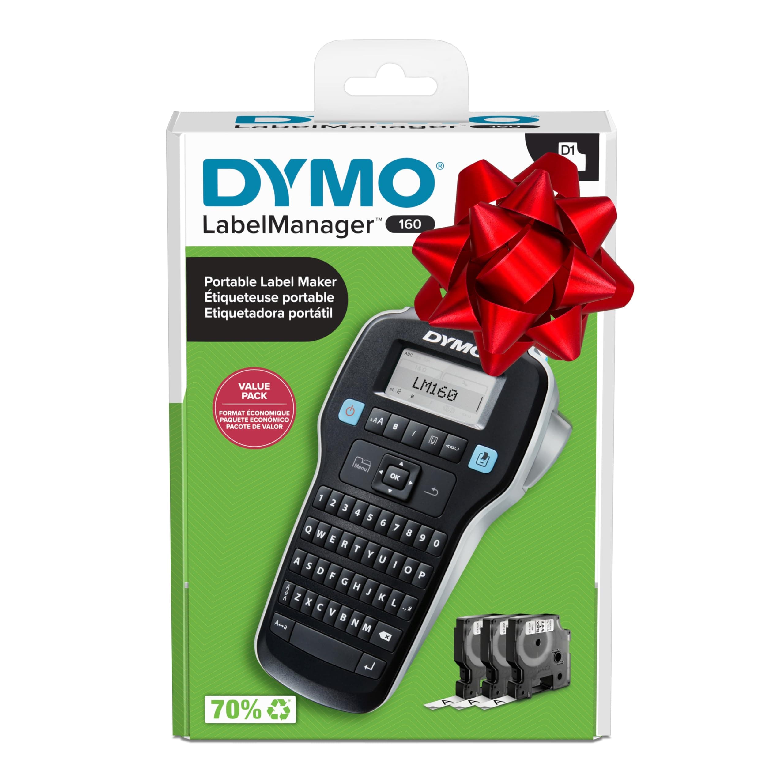 DYMO LabelManager 160 Portable Label Maker Bundle, Easy-to-Use, One-Touch Smart Keys, QWERTY Keyboard, Large Display, For Home & Office Organization, Includes 3 D1 label cassettes Machine + 3 Tapes Label Maker + 3 Tapes