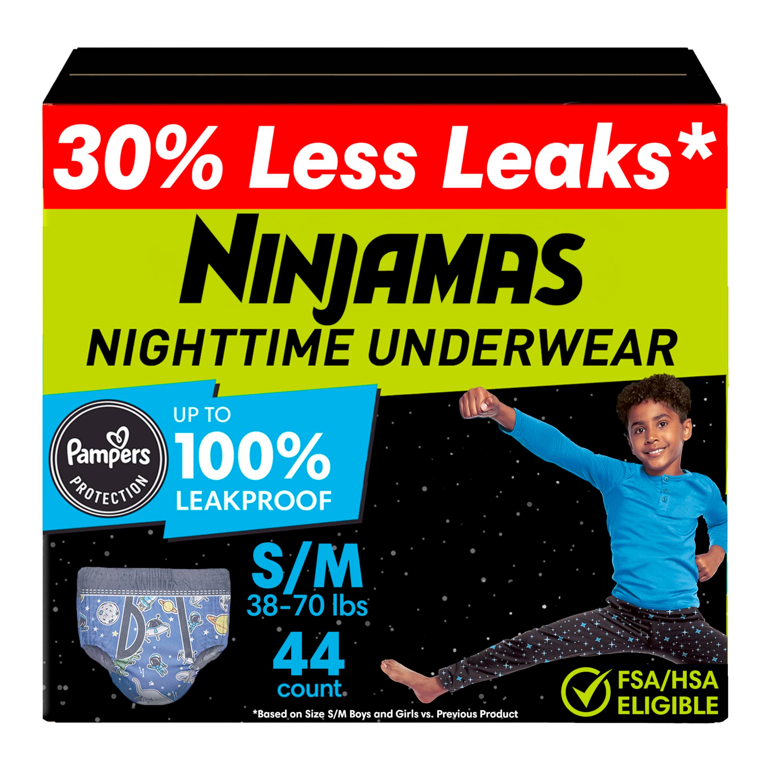 Ninjamas Boys Bedwetting Nighttime Underwear, Size S/M (38-70 lbs), 44 Count, Overnight Protection, Ultra Absorbent, Hypoallergenic Small/Medium 44