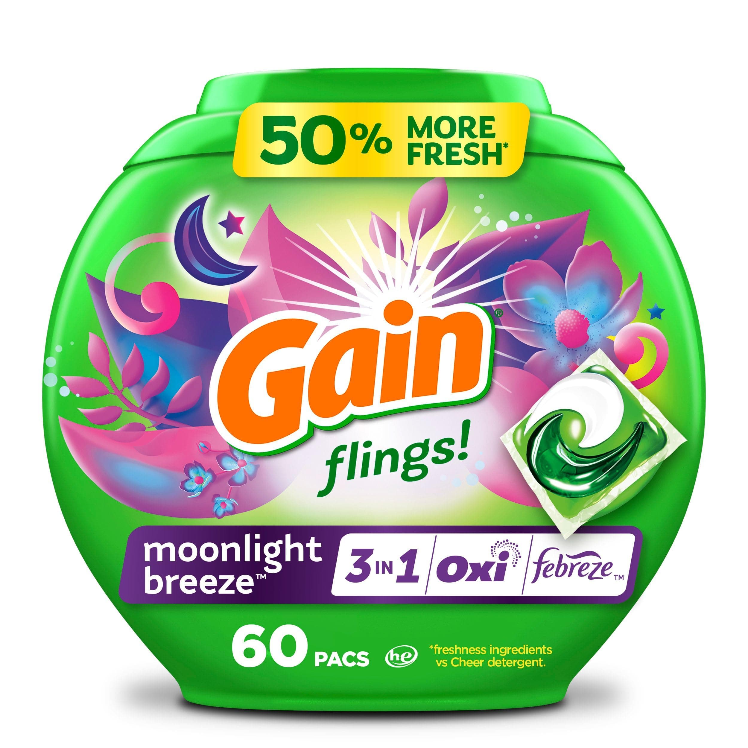 Gain Flings Laundry Detergent Pacs, 60 Count, Moonlight Breeze Scent, with Odor Defense, concentrated laundry soap pacs Moonlight Breeze 60 Count (Pack of 1)