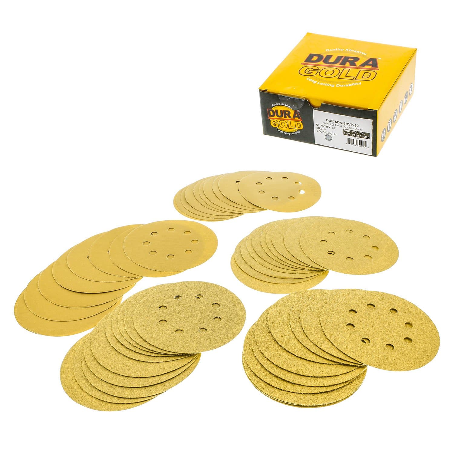 Dura-Gold Premium - Variety Pack - 5" Gold Sanding Discs - 8-Hole Dustless Hook and Loop - 10 Each of Grit (60, 80, 120, 220, 320) - Box of 50 Sandpaper Finishing Discs for Woodworking or Automotive Variety Pack - 50 Discs