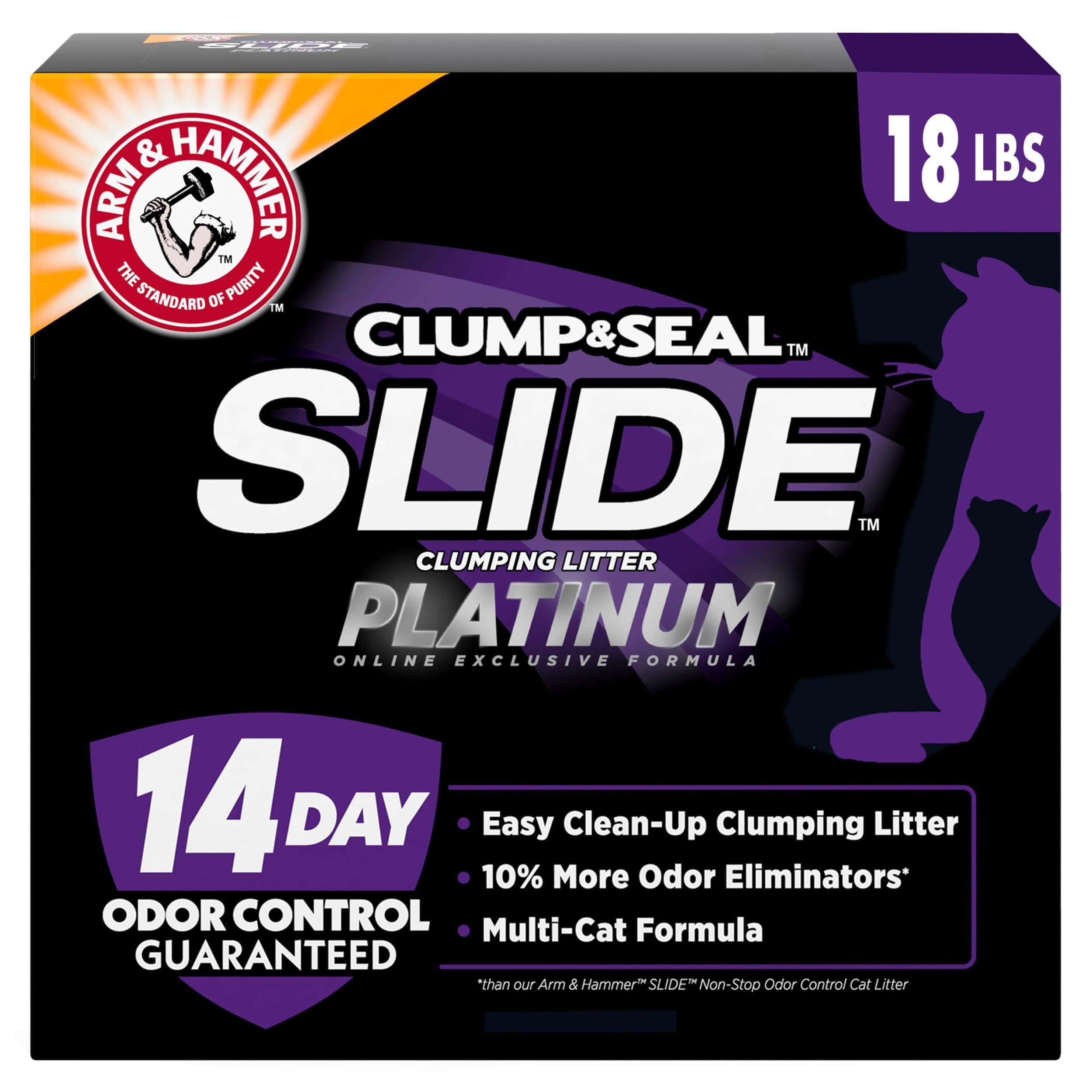 ARM & HAMMER Clump & Seal SLIDE Platinum Multi-Cat Clumping Cat Litter, 14-Day Odor Control, EZ Clean Technology, 18 lbs – No Scrubbing, Powerful Odor Eliminator SLIDE Platinum Clumping Litter 18 Lbs