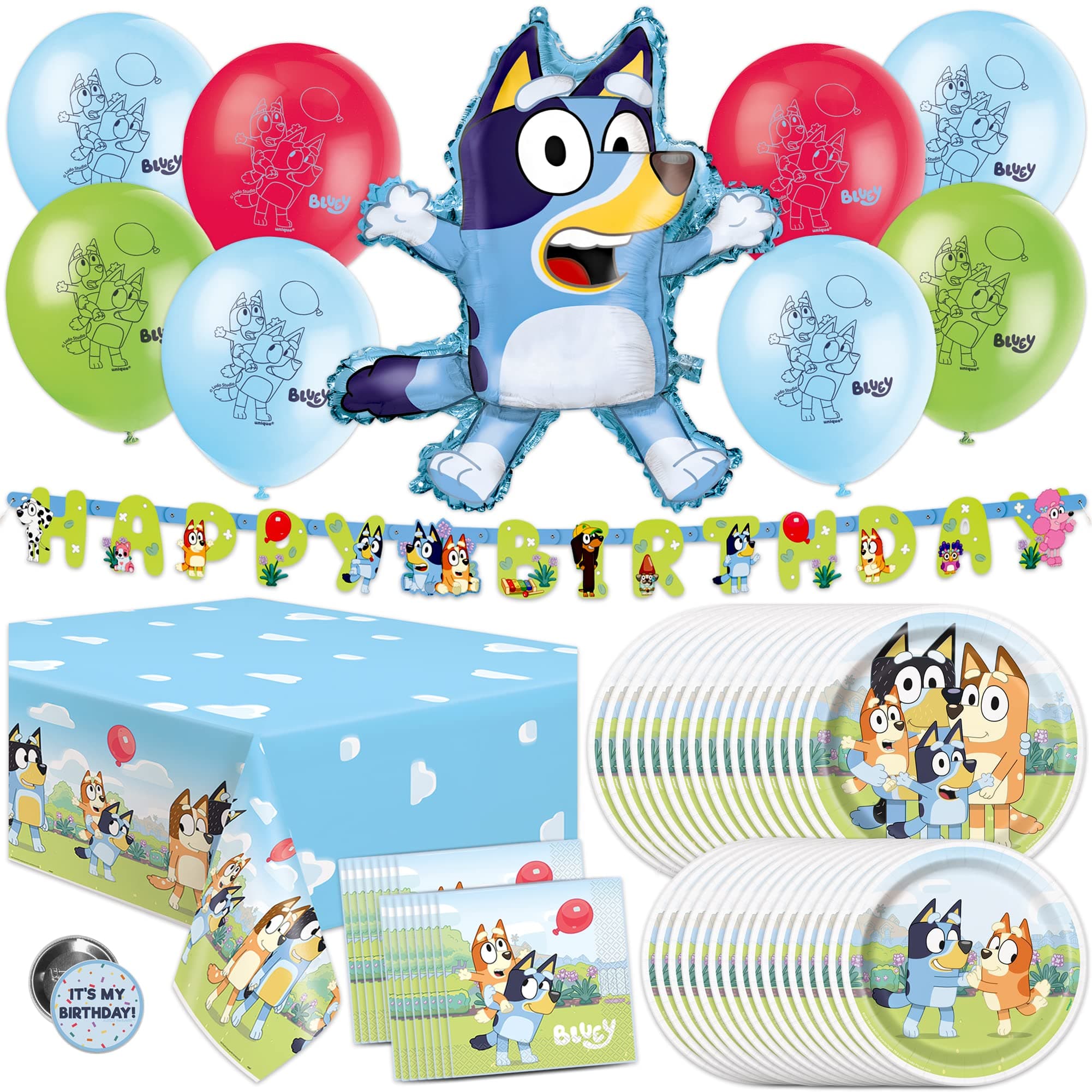 Unique Bluey Birthday Decorations | Bluey Party Decorations | Serves 16 | Officially Licensed | Balloons, Banner, Tablecover, Plates, Napkins, Button