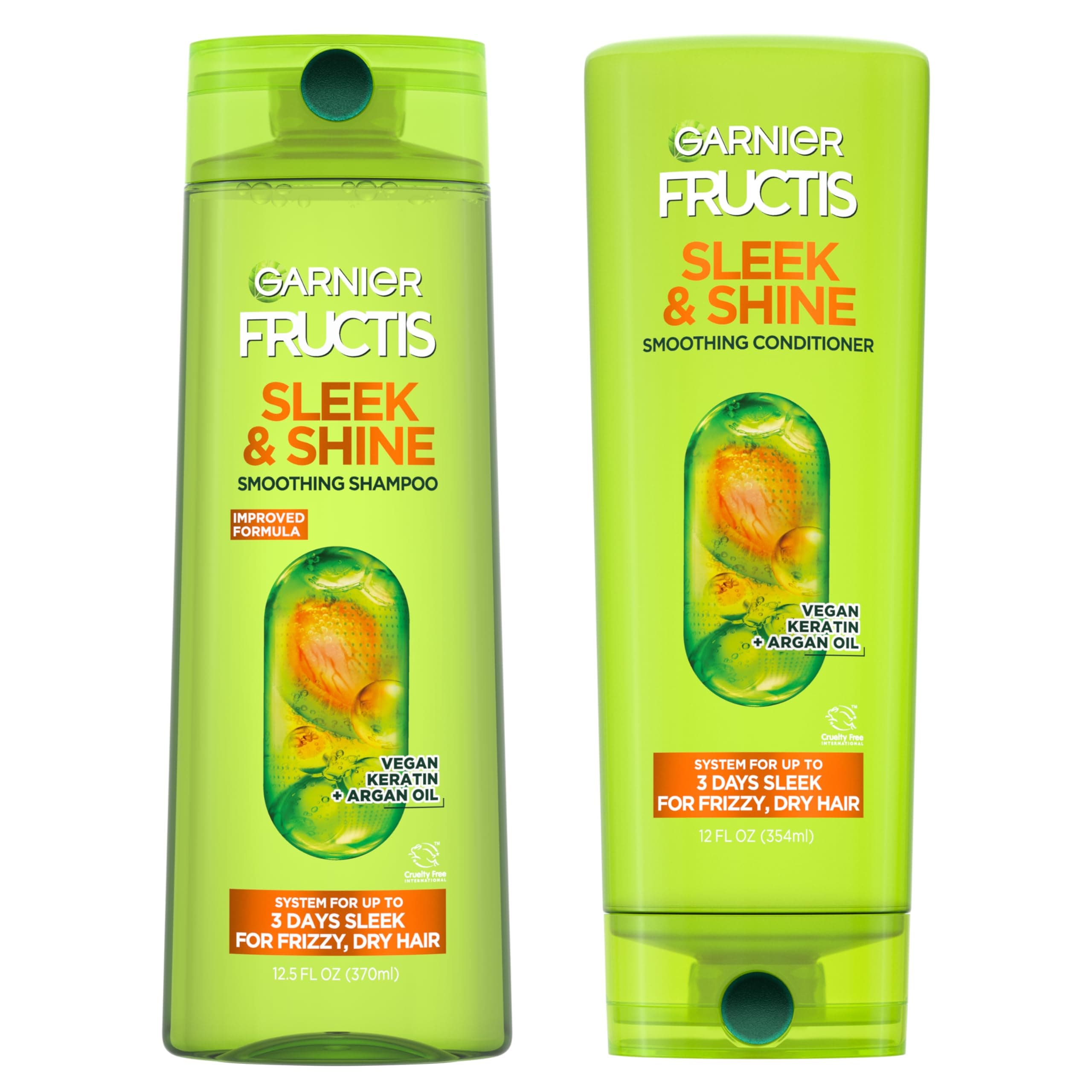 Garnier Fructis Sleek & Shine Shampoo (22 Fl Oz) + Conditioner (21 Fl Oz) Set for Frizzy, Dry Hair, Plant Keratin + Argan Oil (2 Items), 1 Kit (Packaging May Vary) 2 Piece Set (Shampoo & Conditioner)