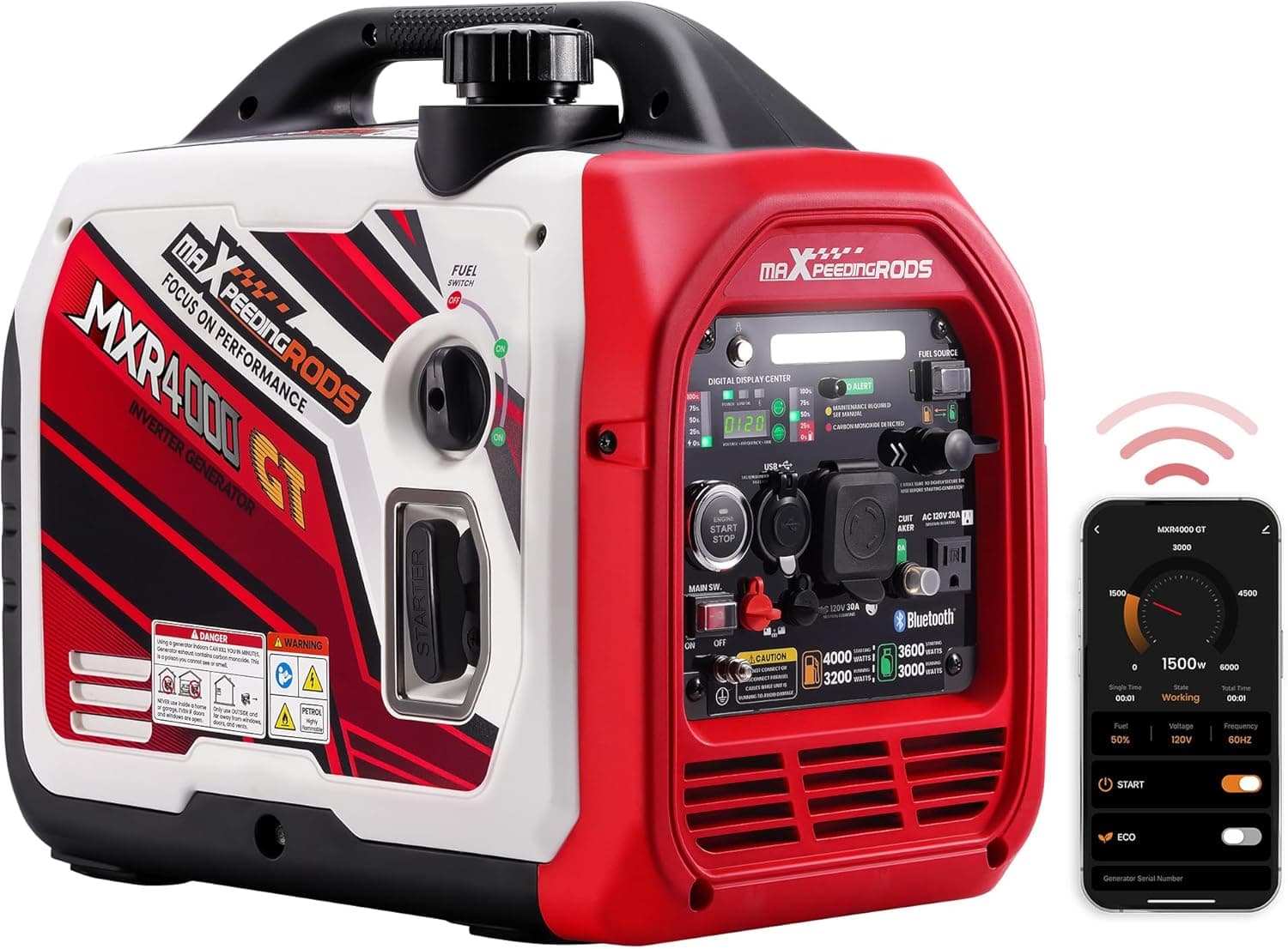 maXpeedingrods 4000 Watt Dual Fuel Inverter Generator with Bluetooth® Control Start and Display, RV Ready, Electric Start, Quiet for Outdoor Camping, Home Backup, Garden,PGMA Compliant 4000W Dual Fuel+App Control
