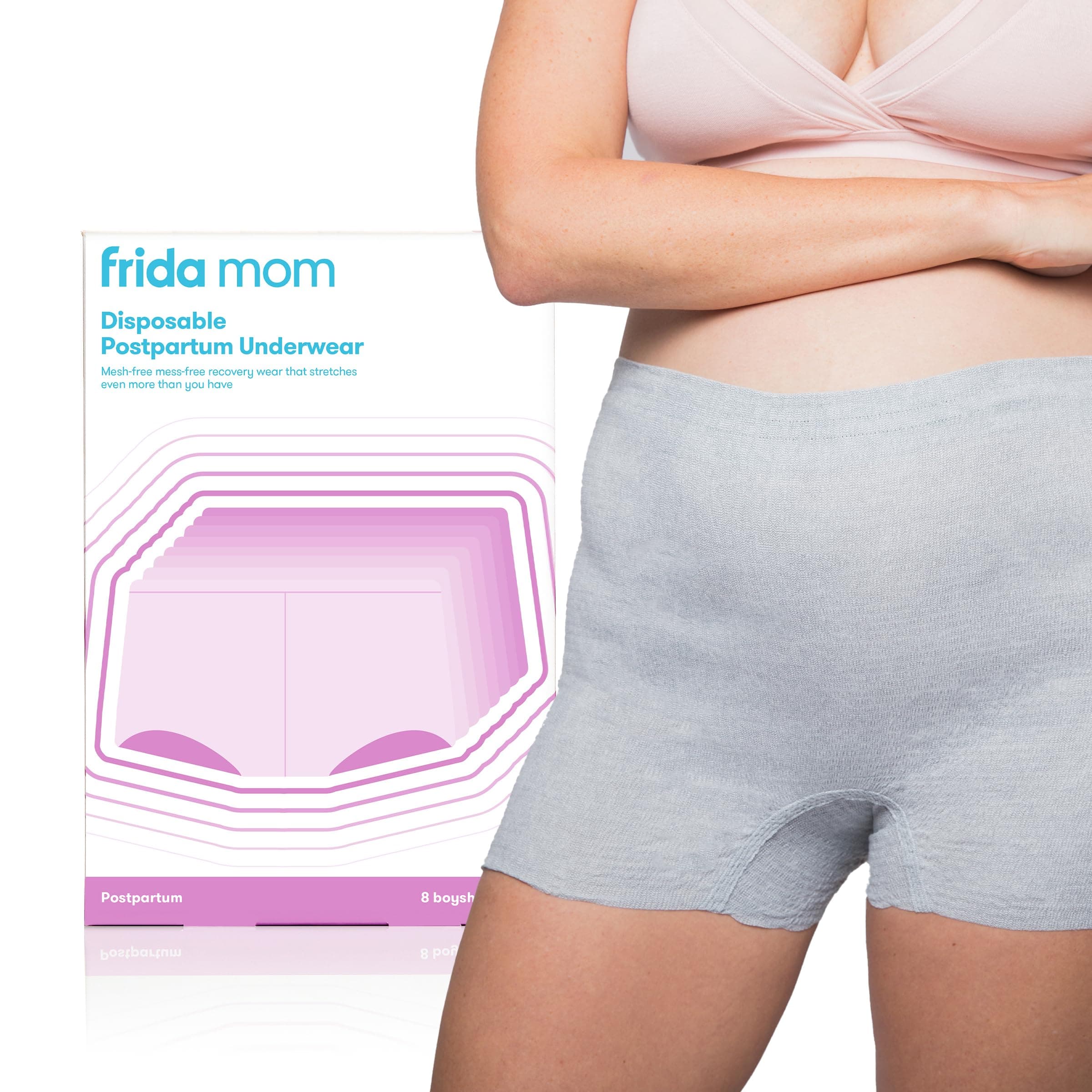 Frida Mom Postpartum Underwear, Disposable Boyshort Panties, Seamless, Stretch Support, New Mom Essentials Grey Regular (Waist 28"-42" stretched)