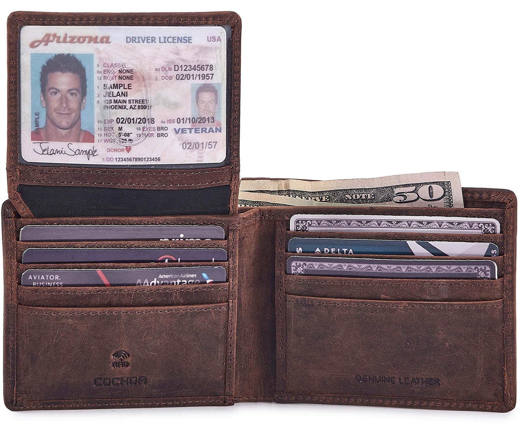 Cochoa Bifold Wallet for Men's Real Genuine Slim Leather RFID Blocking 2 ID Windows Stylish Travel Gift Box (CRAZY HORSE, COGNAC) COGNAC CRAZY HORSE