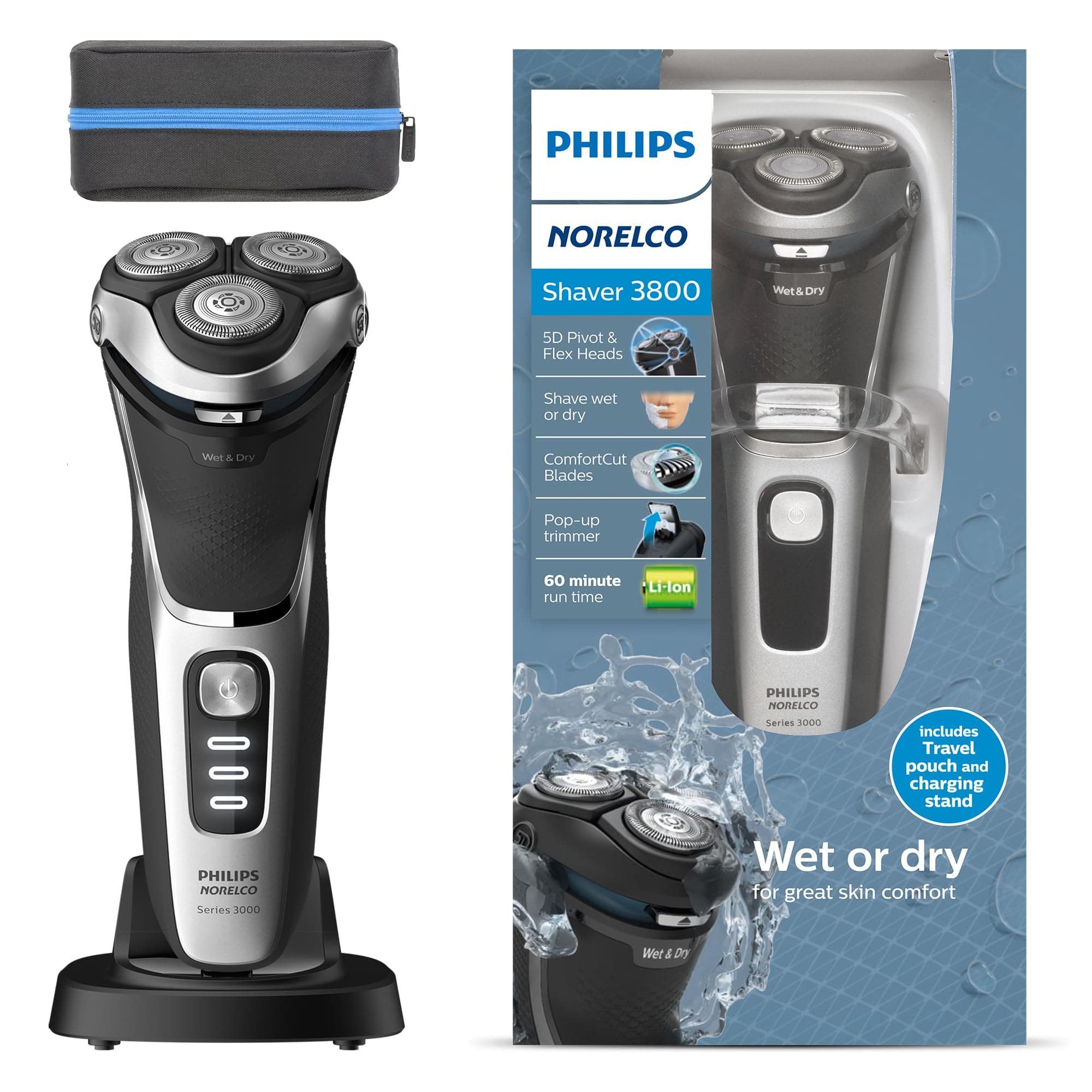 Philips Norelco Shaver 3800, Rechargeable Wet & Dry Shaver with Pop-up Trimmer, Charging Stand and Storage Pouch, Space Gray, S3311/85 Space Gray Shaver Series 3000 + Charging Stand