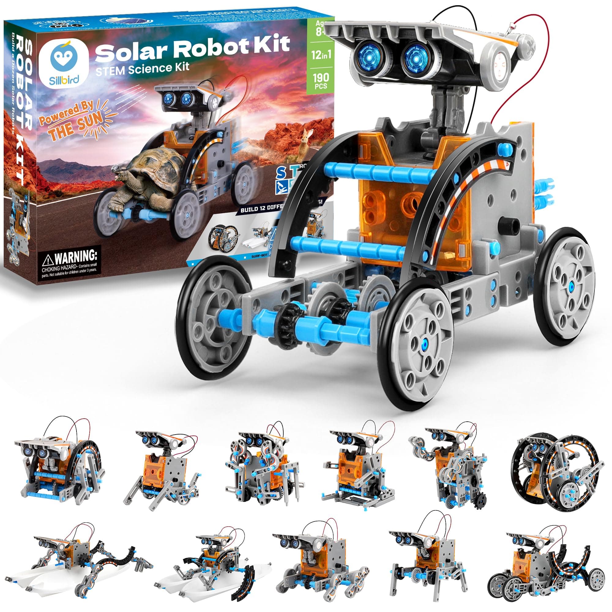 Sillbird 12-in-1 Solar Robot Building Kit Christmas STEM Gift for Boys Aged 8-13, DIY Science Educational Robotic Toys for Kids Teens Birthday, Powered by The Sun with 190 Pieces 12in1-grey