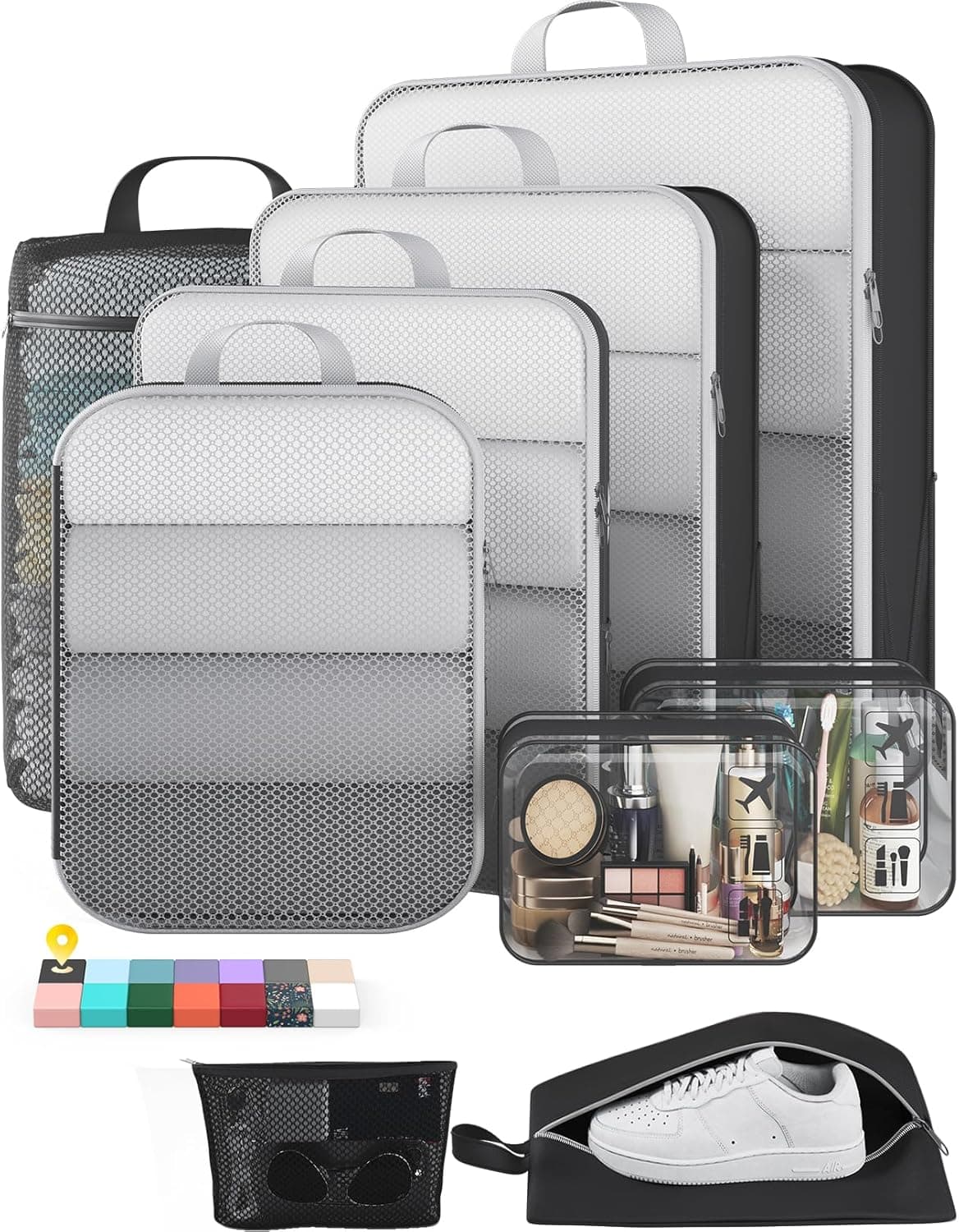 Veken 9/11 Set Compression Packing Cubes for Travel Essentials,Compressible Expandable Large Luggage Suitcase Organizer Bags for Clothing,Durable Space Saver Storage Bags with Toiletry Bags(Black) Black 9 set