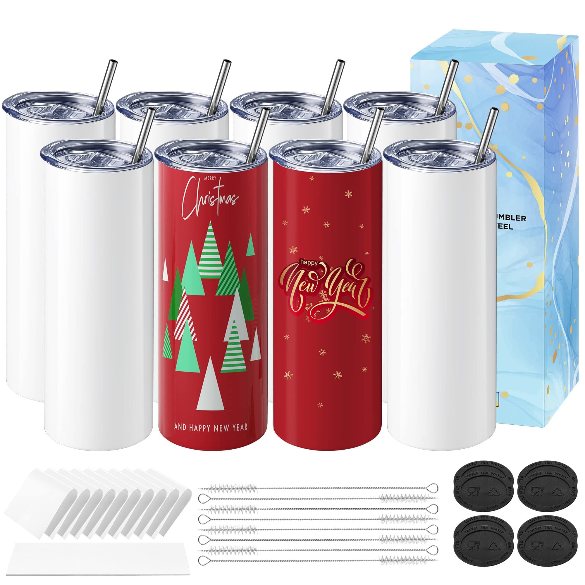 Hiipoo 8 Pack Sublimation Tumblers Blank 20 oz Straight Skinny with Sublimation Papers, Lids and Straws, Shrink Wrap Films, Stainless Steel Double Wall Insulated Tumbler for Mug Press Machine 8 Packs