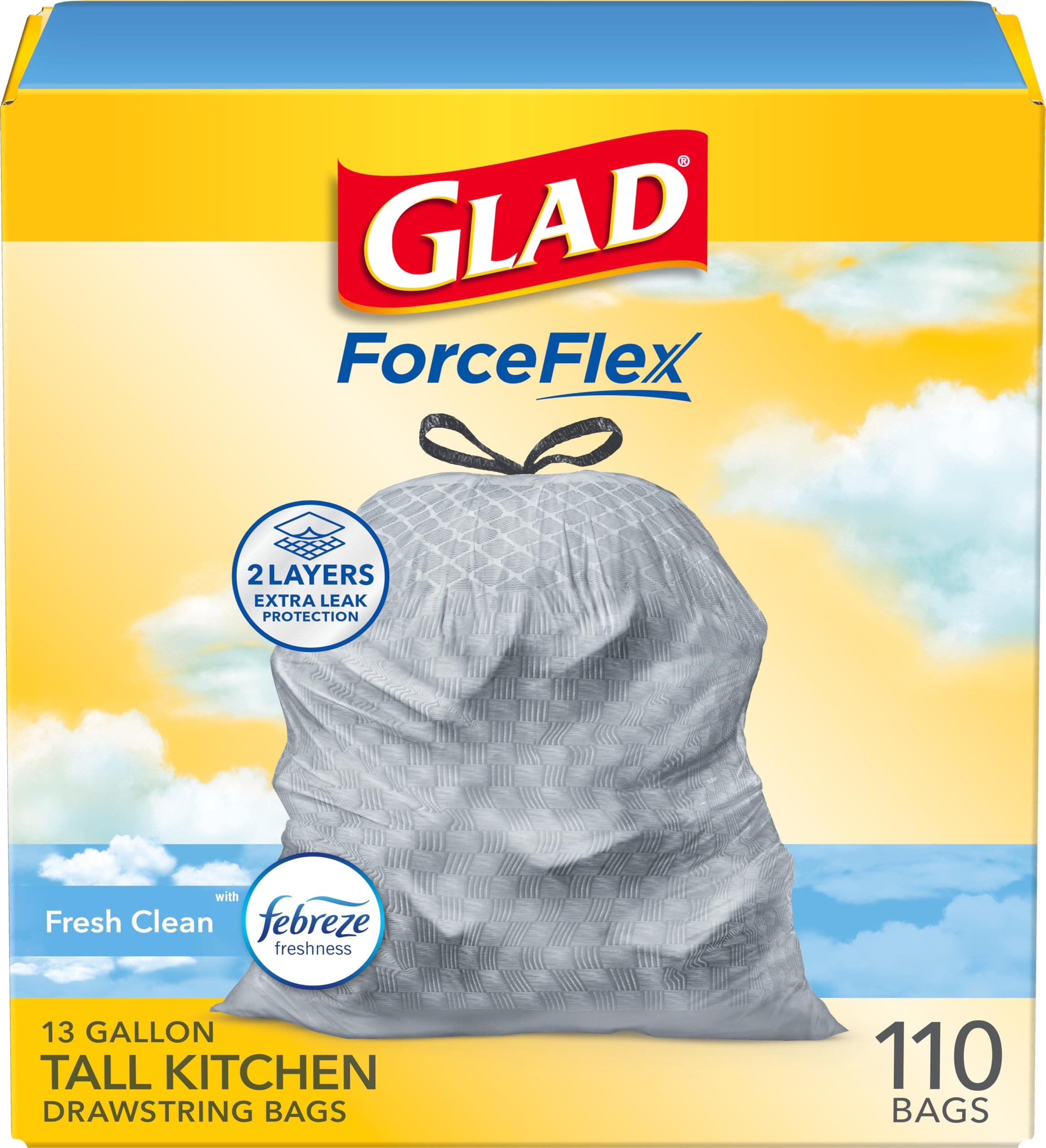 Glad Tall Kitchen Drawstring Trash Bags - Odorshield 13 Gallon White Trash Bag, Febreze Fresh Clean, 110 Count 110 Count (Pack of 1)